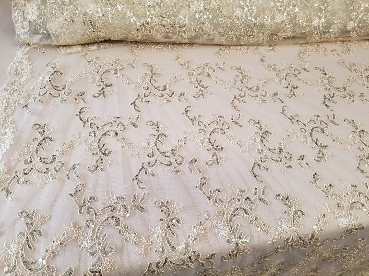 Champagne French Corded Design-embroider With Sequins On A Mesh Lace Fabric-by Yard.