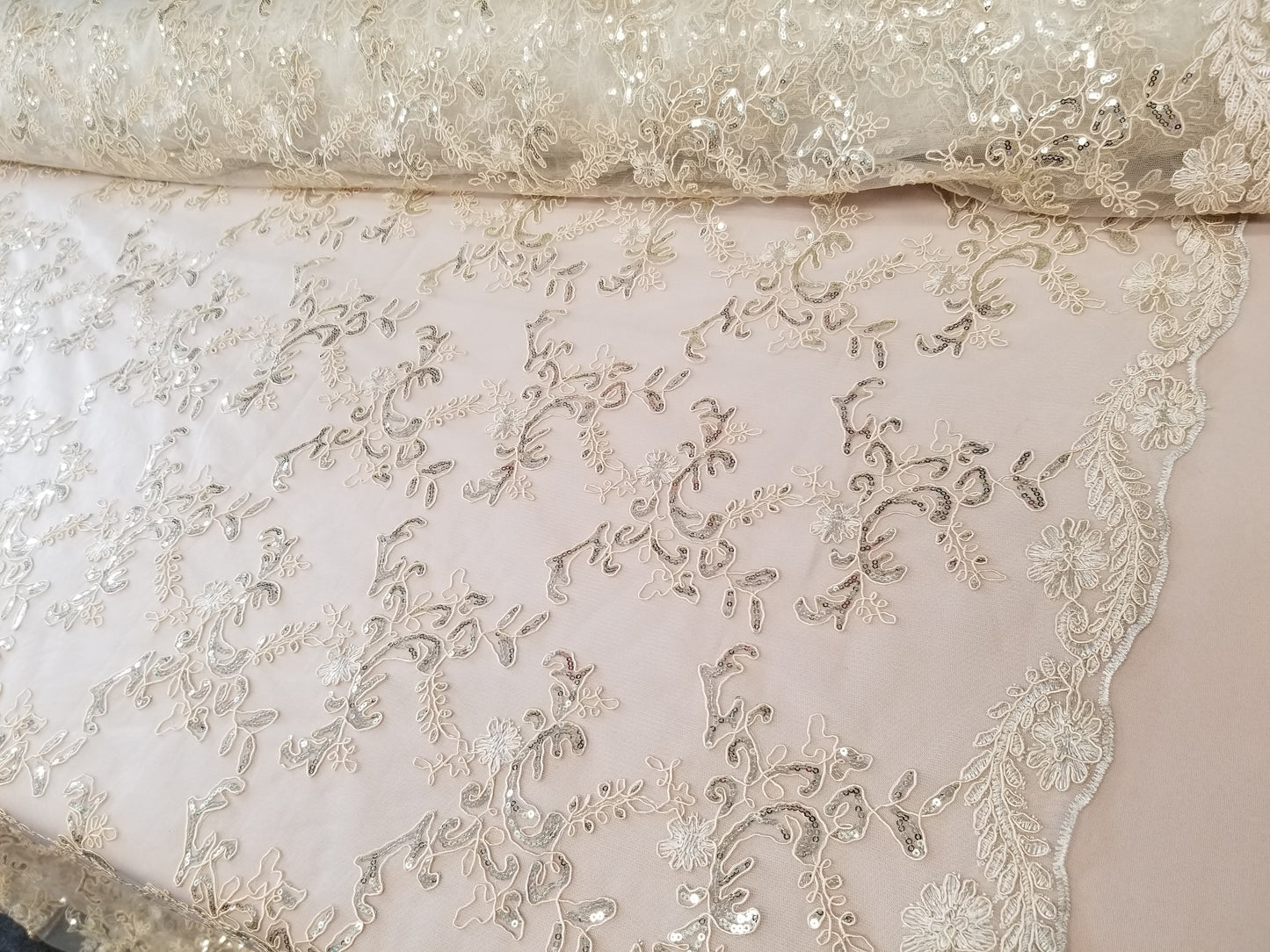 Champagne French Corded Design-embroider With Sequins On A Mesh Lace Fabric-by Yard.