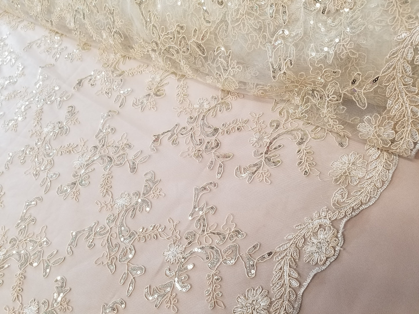 Champagne French Corded Design-embroider With Sequins On A Mesh Lace Fabric-by Yard.
