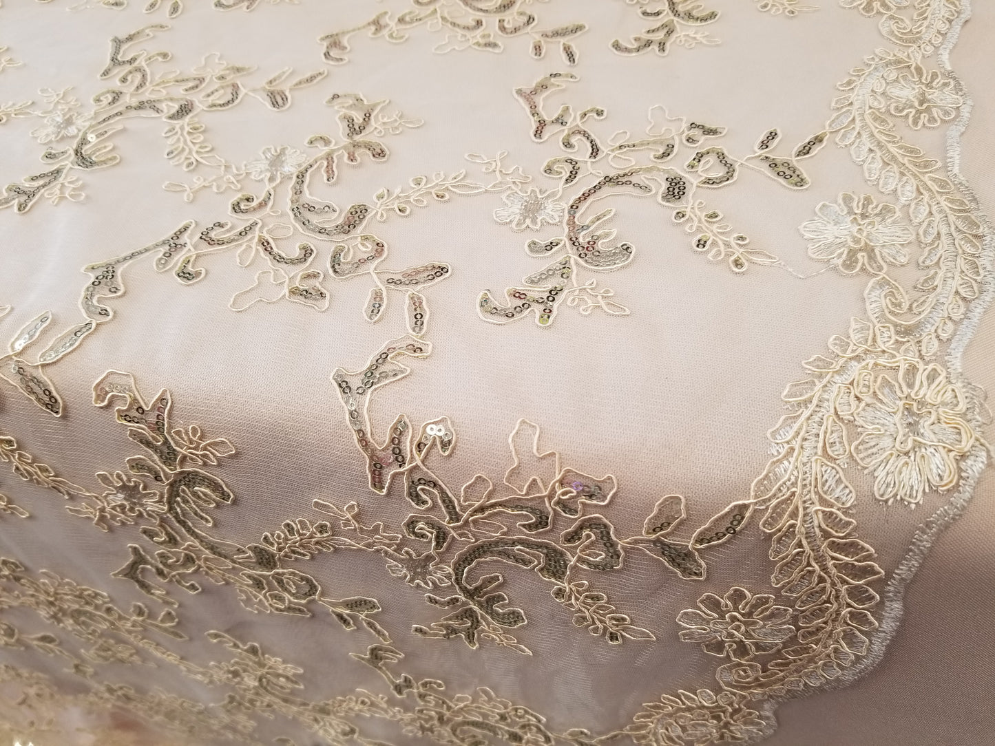 Champagne French Corded Design-embroider With Sequins On A Mesh Lace Fabric-by Yard.