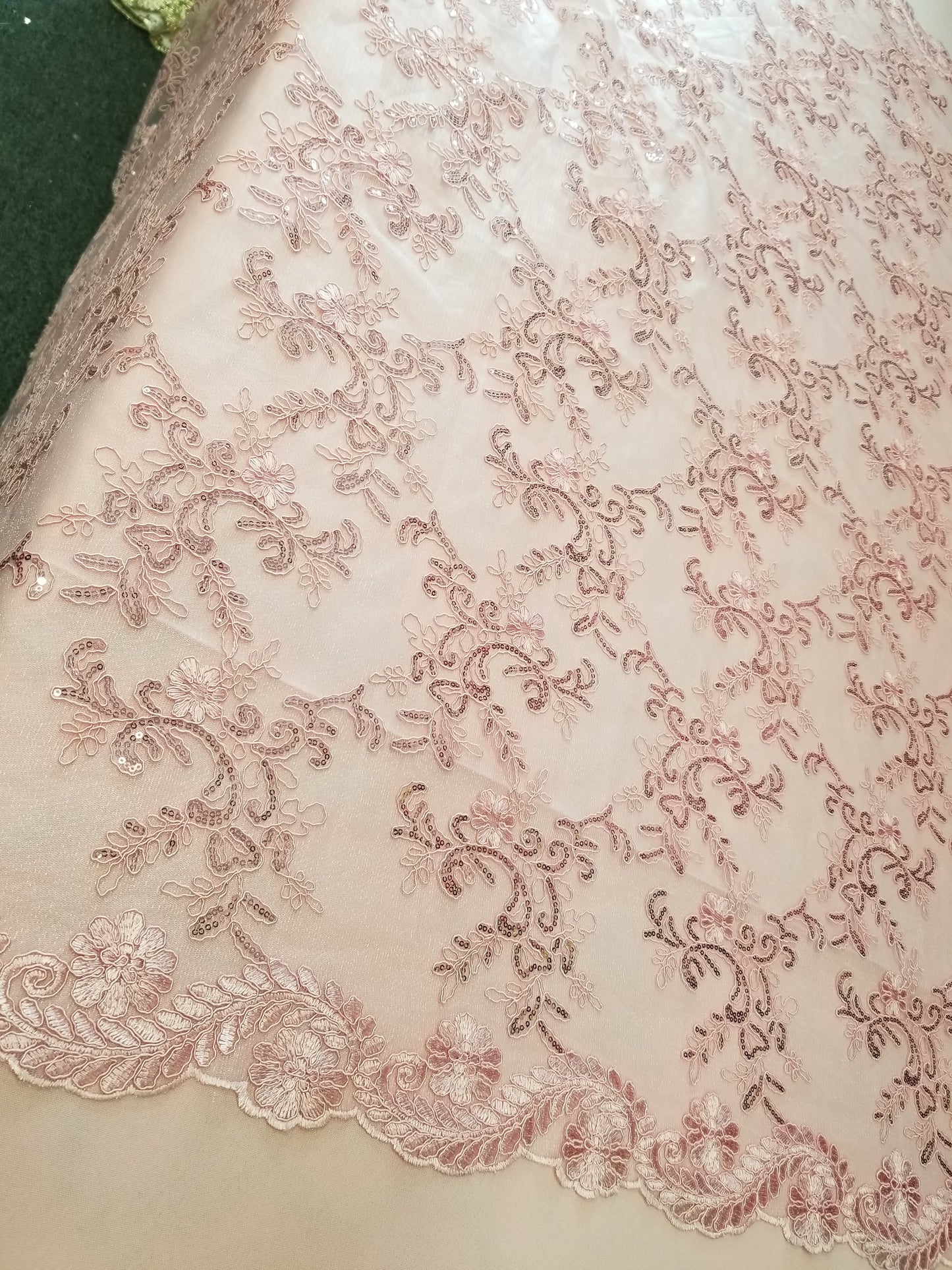 Light Pink French Corded Design-embroider With Sequins On A Mesh Lace Fabric-by Yard