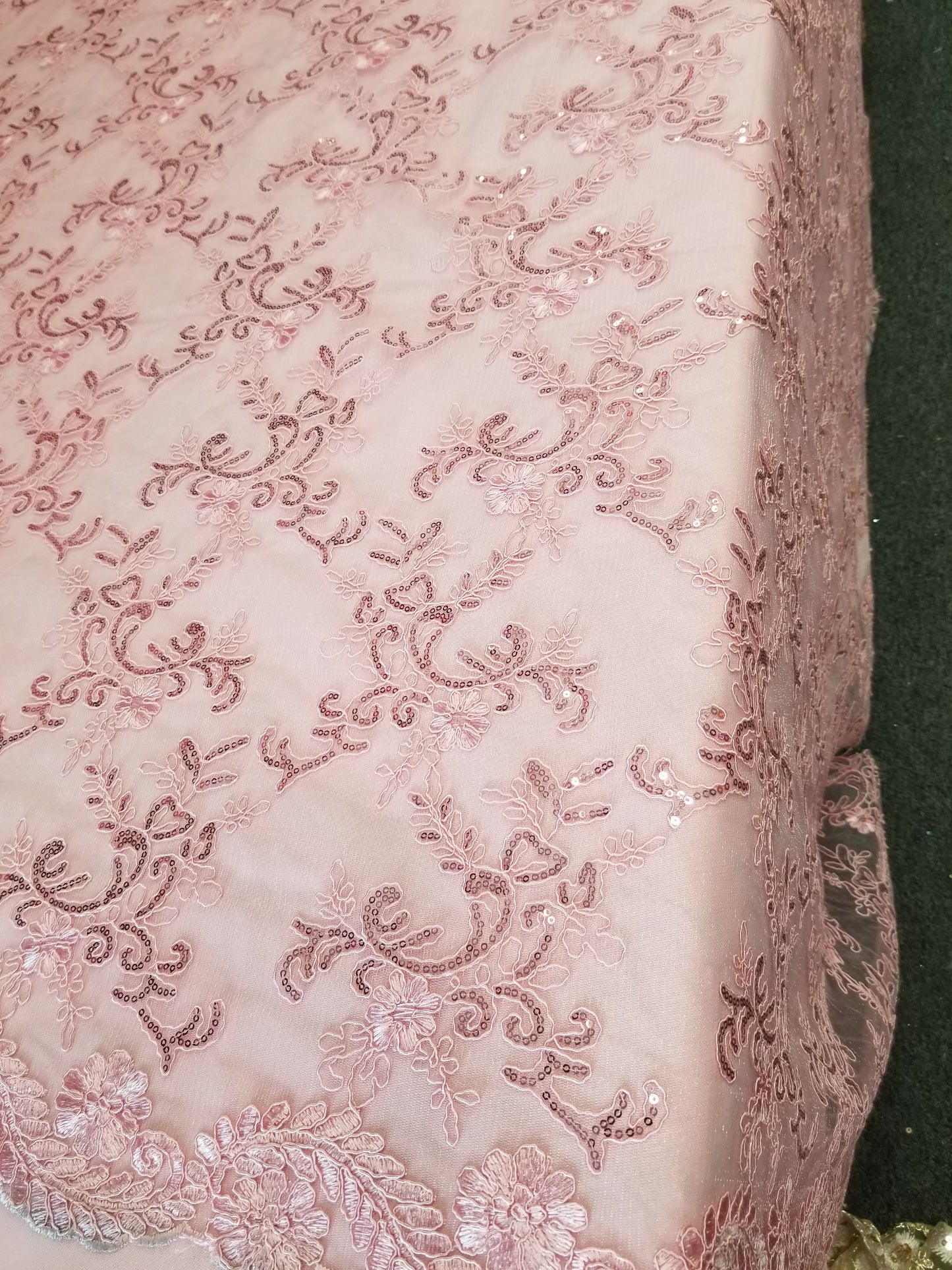 Light Pink French Corded Design-embroider With Sequins On A Mesh Lace Fabric-by Yard