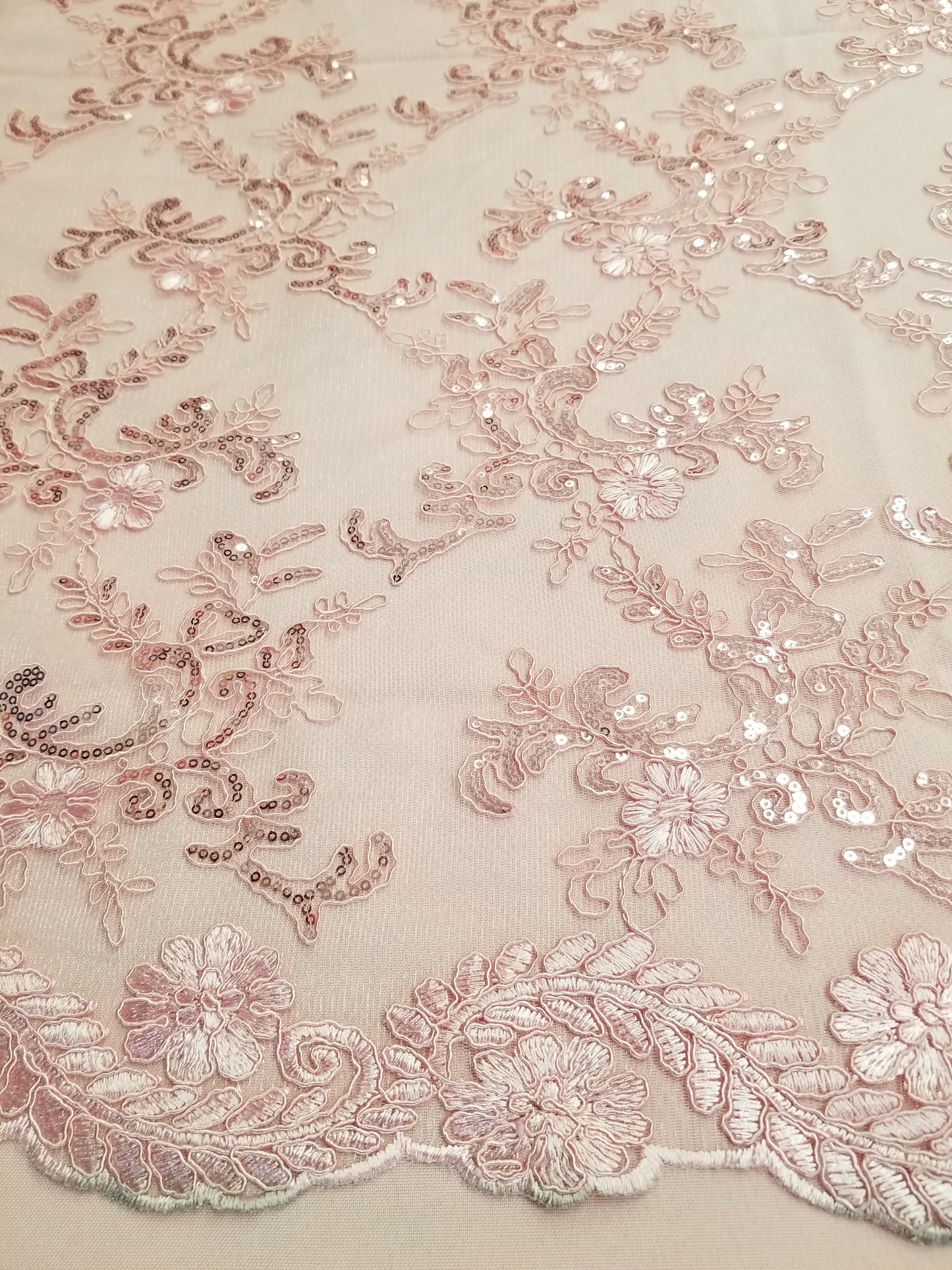 Light Pink French Corded Design-embroider With Sequins On A Mesh Lace Fabric-by Yard