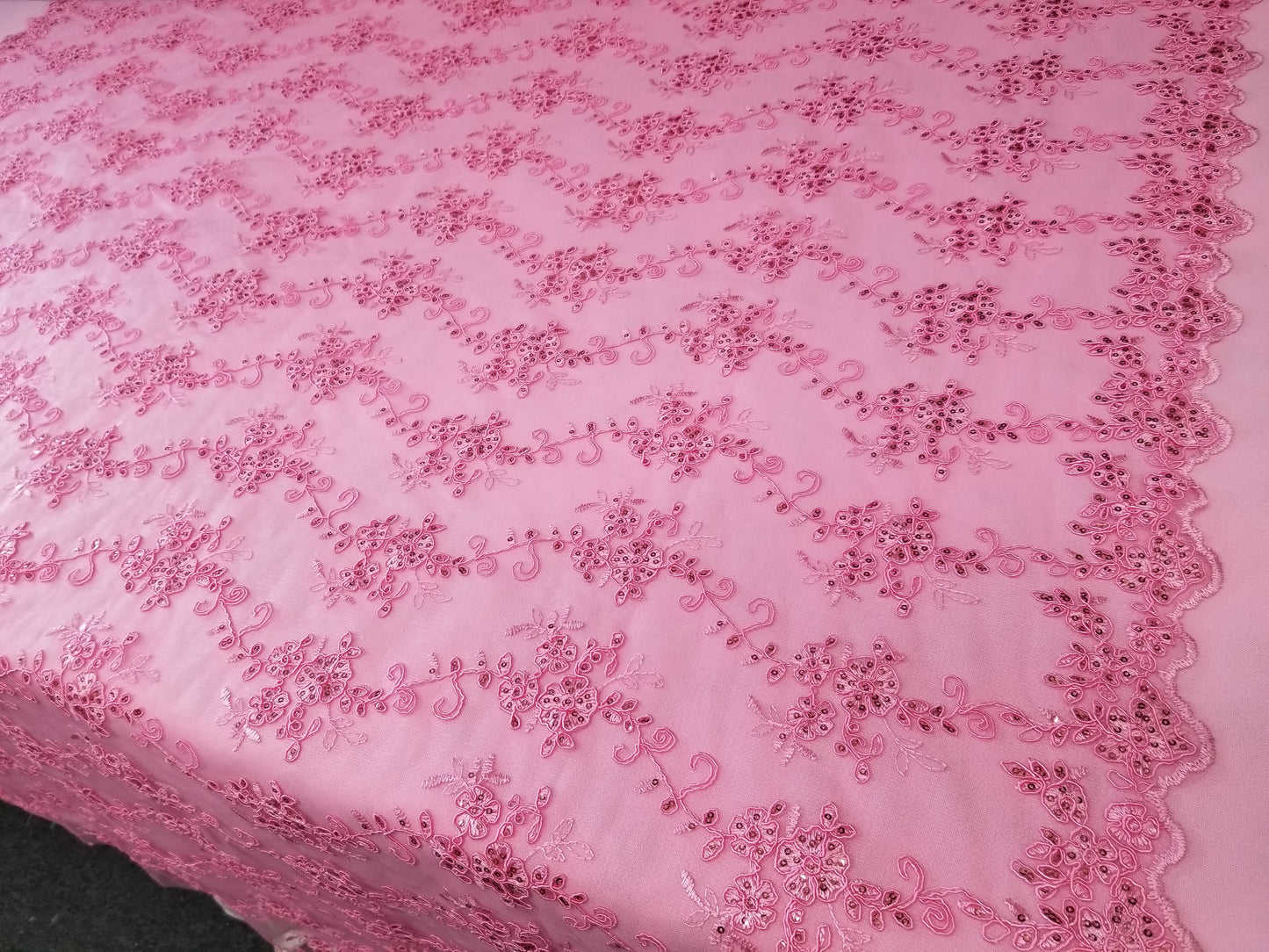 Pink French Corded Design-embroider With Sequins On A Mesh Lace Fabric-by Yard