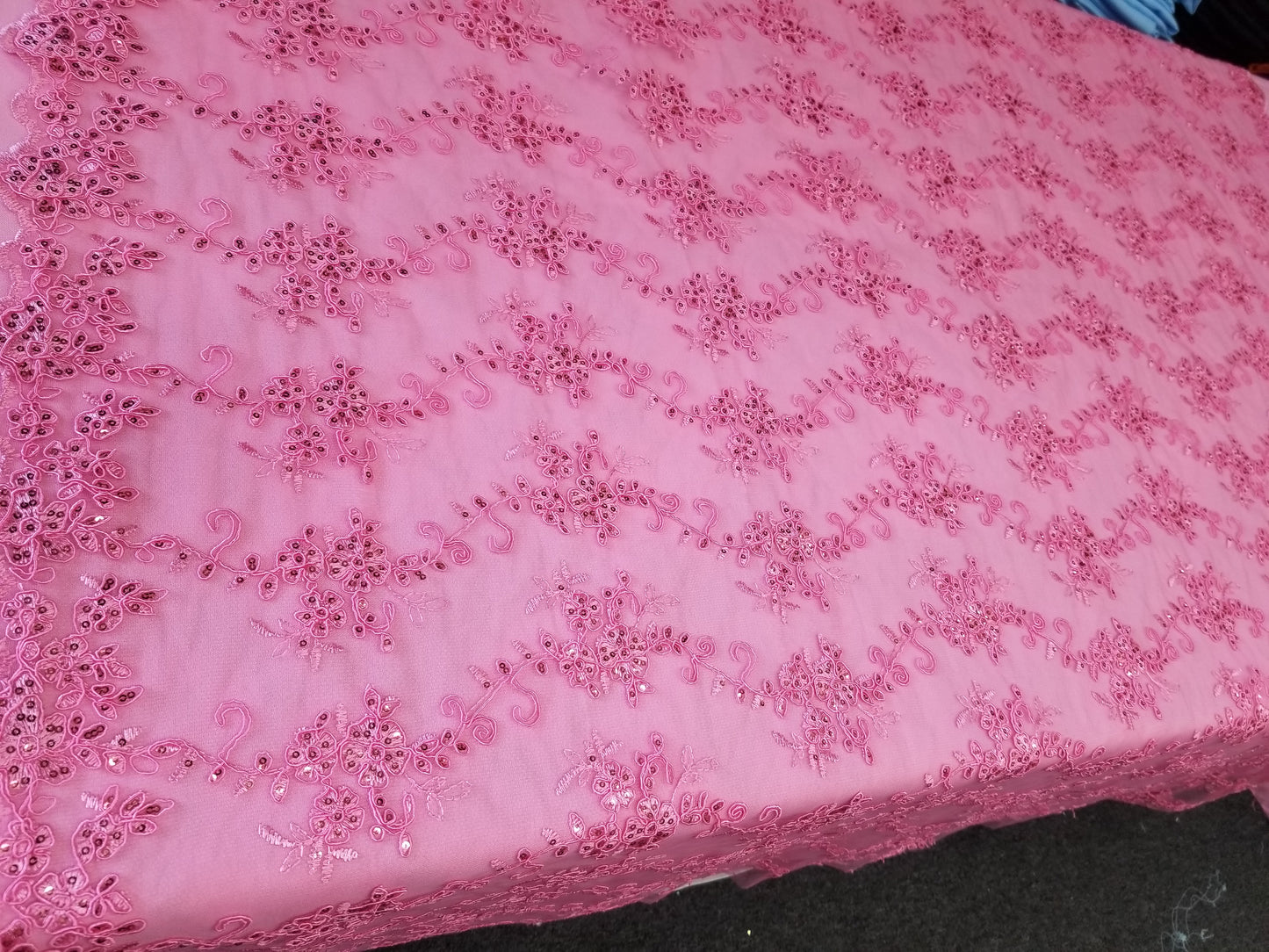 Pink French Corded Design-embroider With Sequins On A Mesh Lace Fabric-by Yard