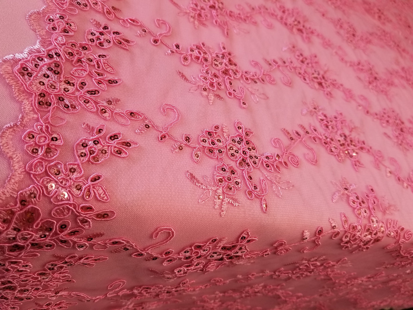 Pink French Corded Design-embroider With Sequins On A Mesh Lace Fabric-by Yard