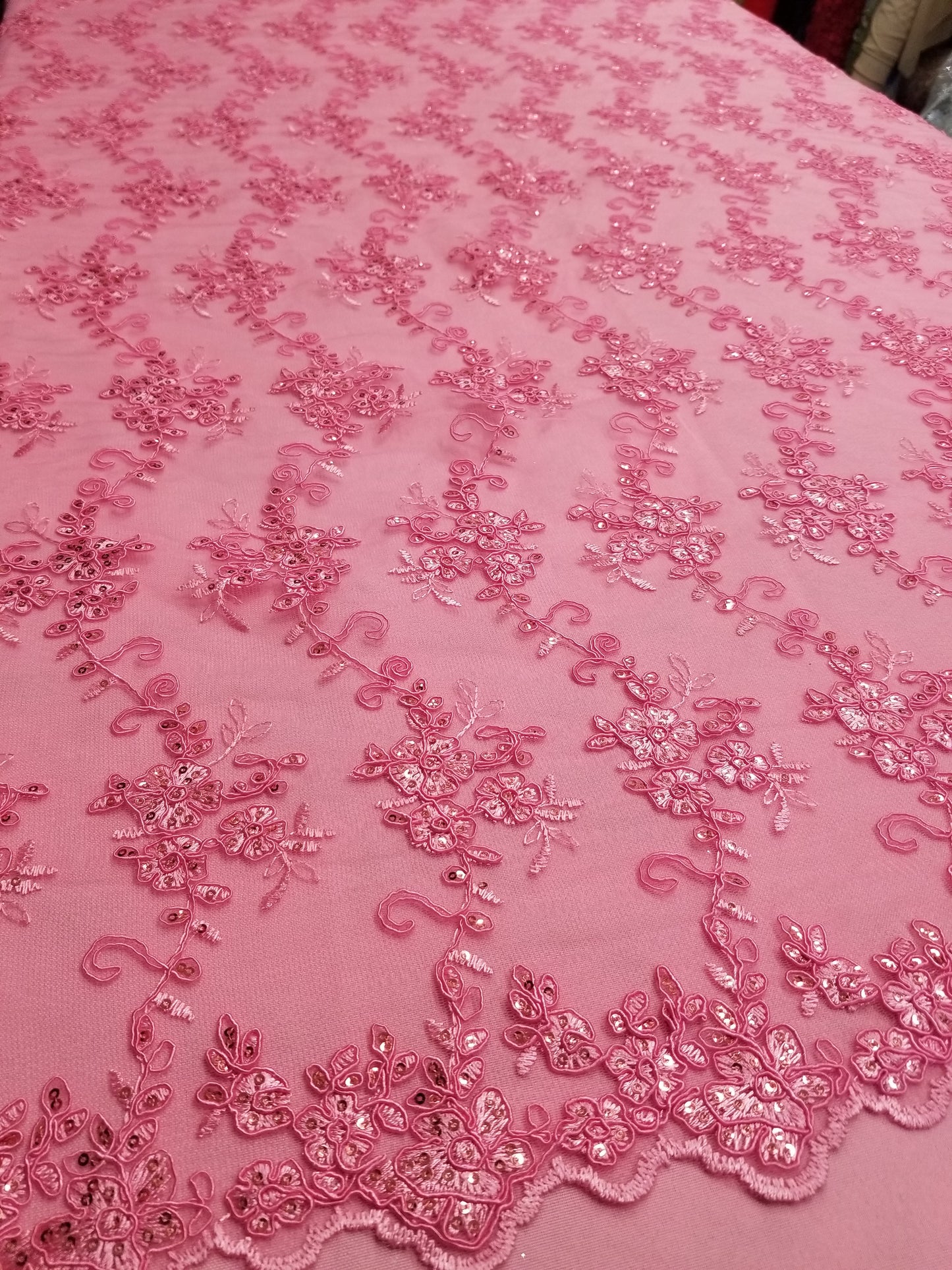 Pink French Corded Design-embroider With Sequins On A Mesh Lace Fabric-by Yard