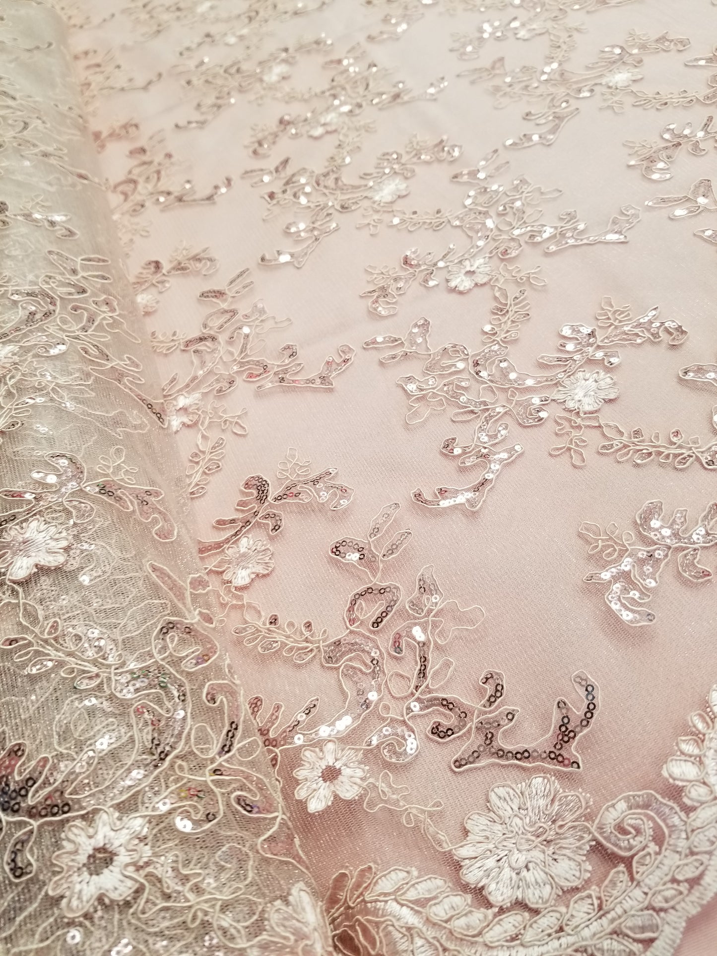 Blush French Corded Design-embroider With Sequins On A Mesh Lace Fabric- by Yard.