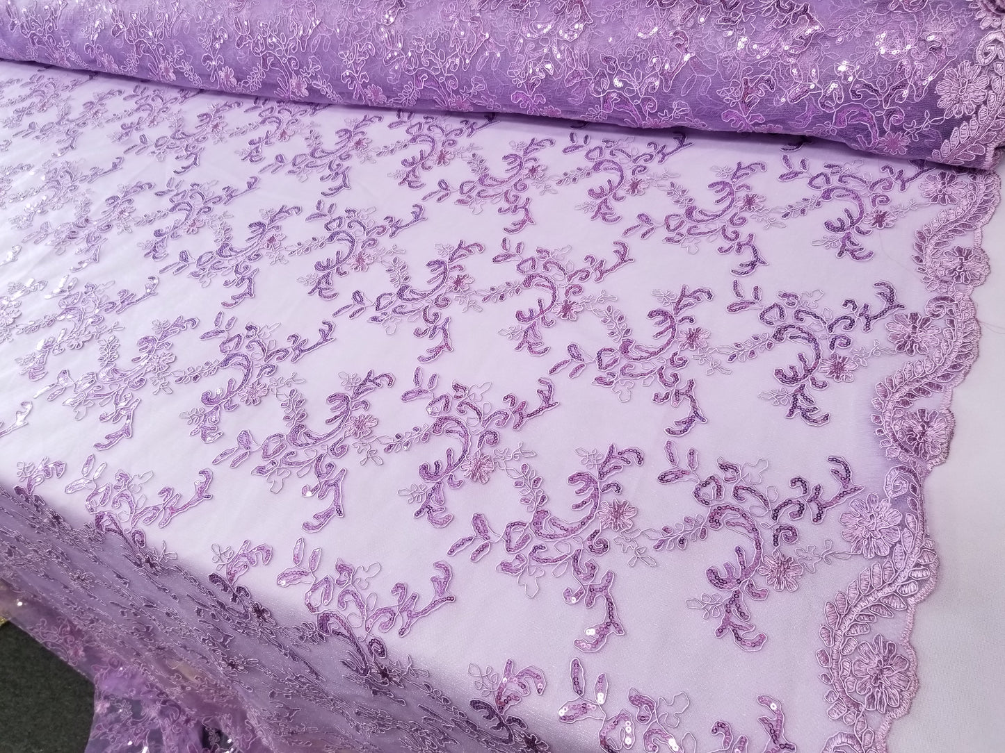 Lavender French Corded Design-embroider With Sequins On A Mesh Lace Fabric-by Yard
