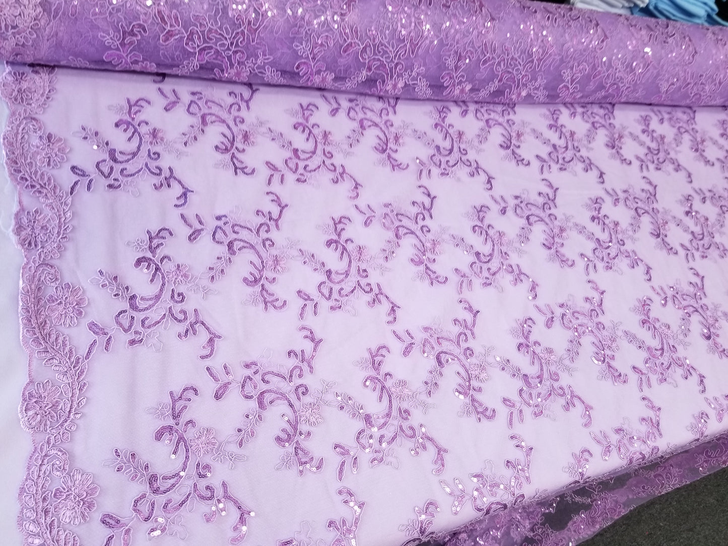 Lavender French Corded Design-embroider With Sequins On A Mesh Lace Fabric-by Yard