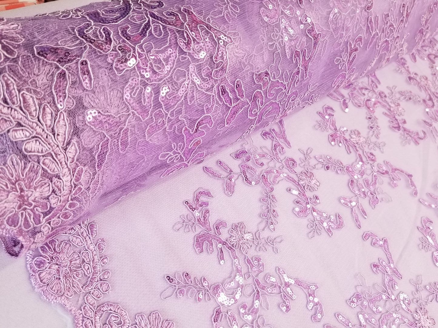 Lavender French Corded Design-embroider With Sequins On A Mesh Lace Fabric-by Yard