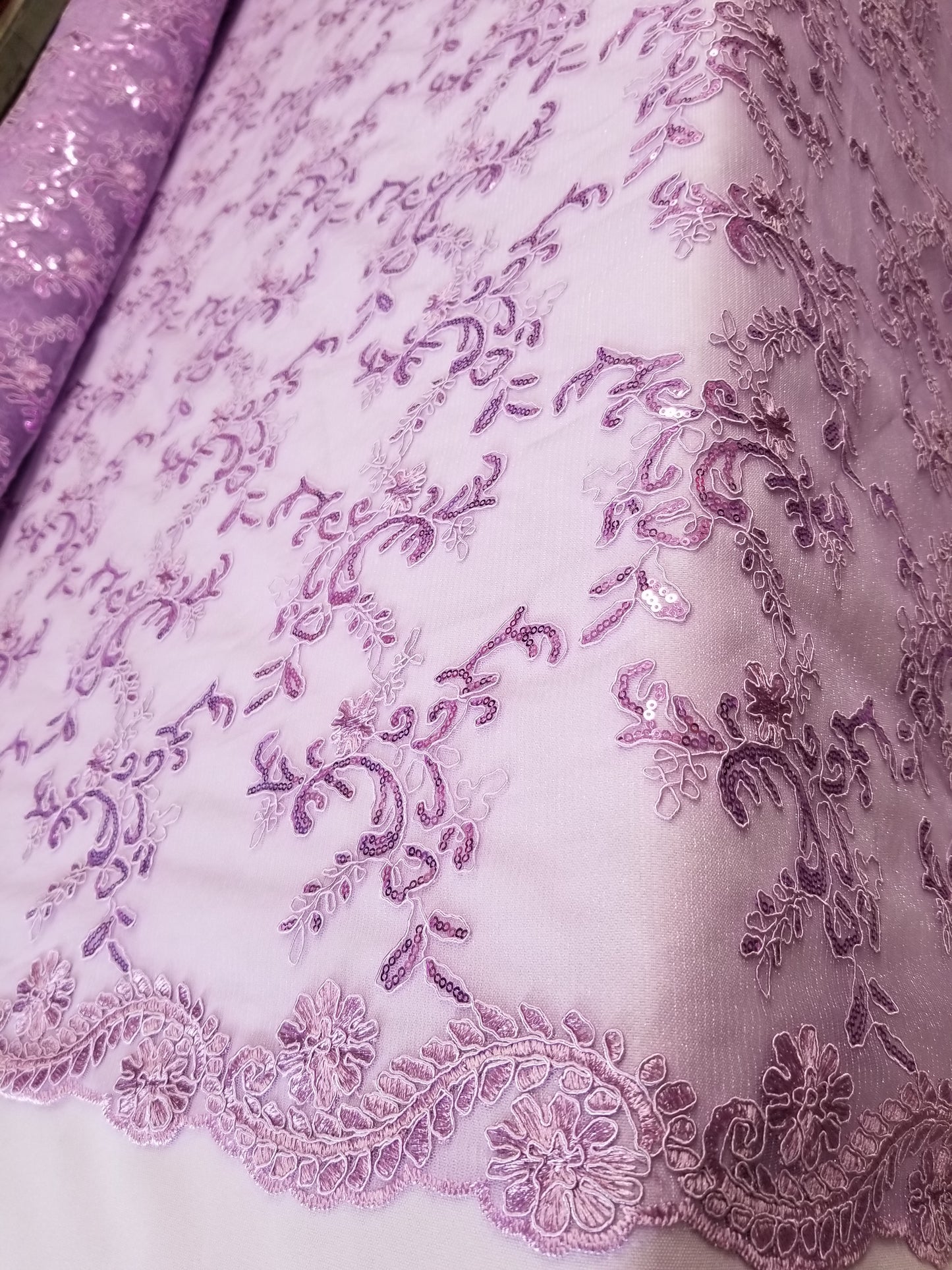 Lavender French Corded Design-embroider With Sequins On A Mesh Lace Fabric-by Yard