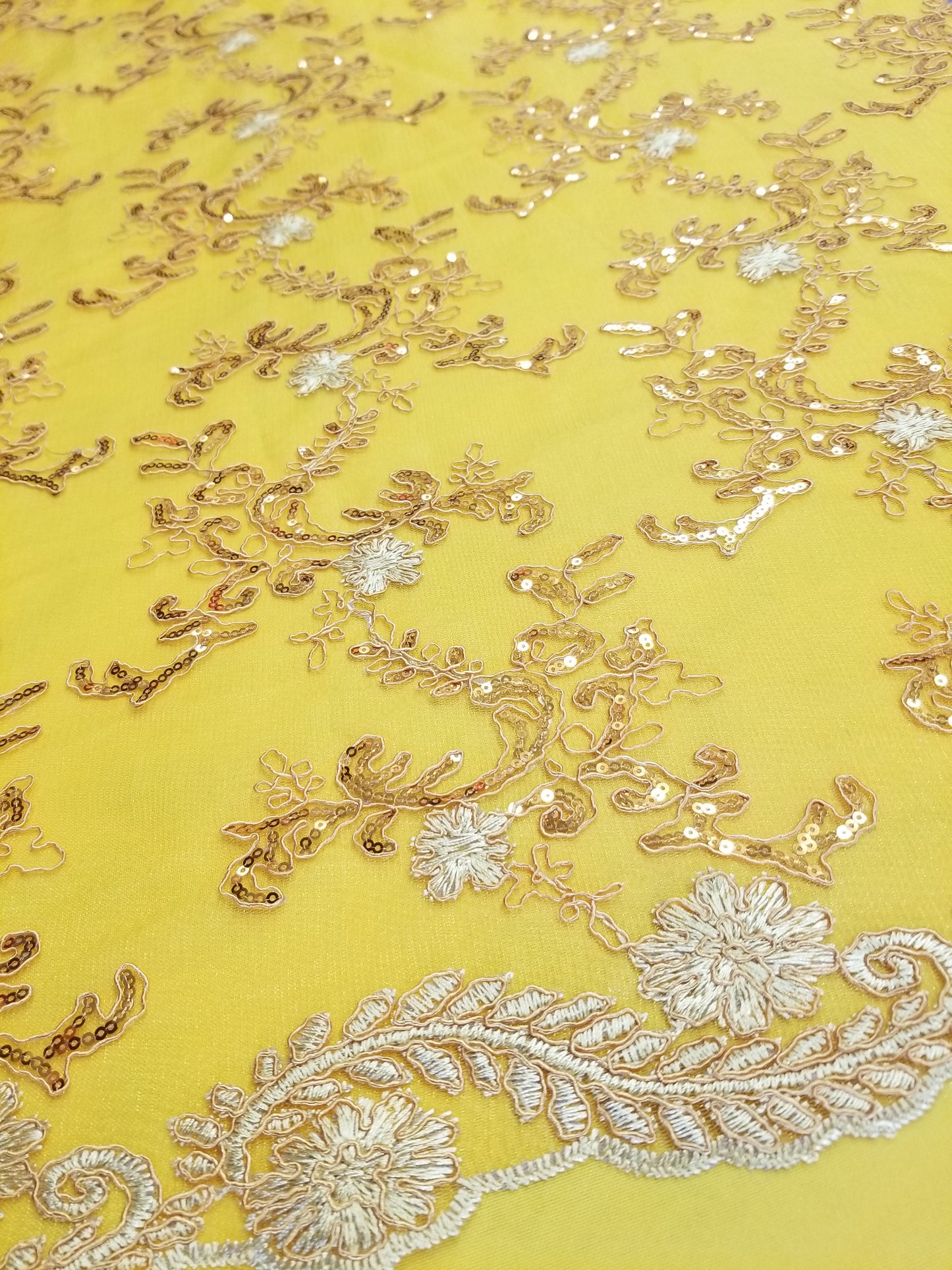 Yellow Gold French Corded Design-embroider With Sequins On A Mesh Lace Fabric-by Yard
