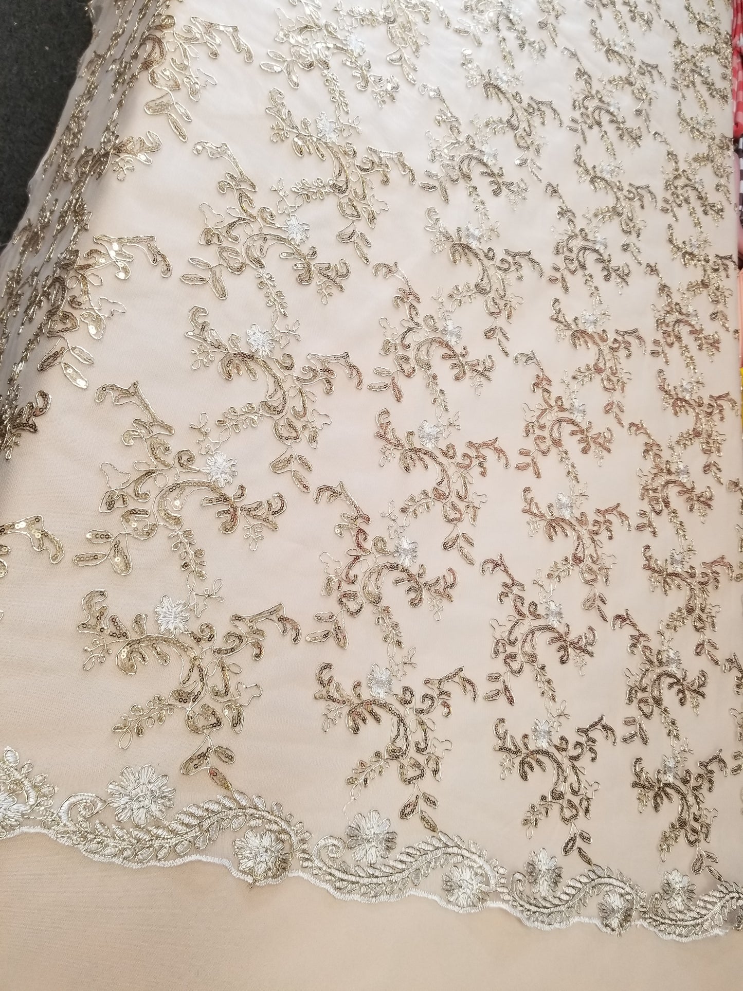 White Champagne French Corded Design-embroider With Sequins On A Mesh Lace Fabric-by Yard