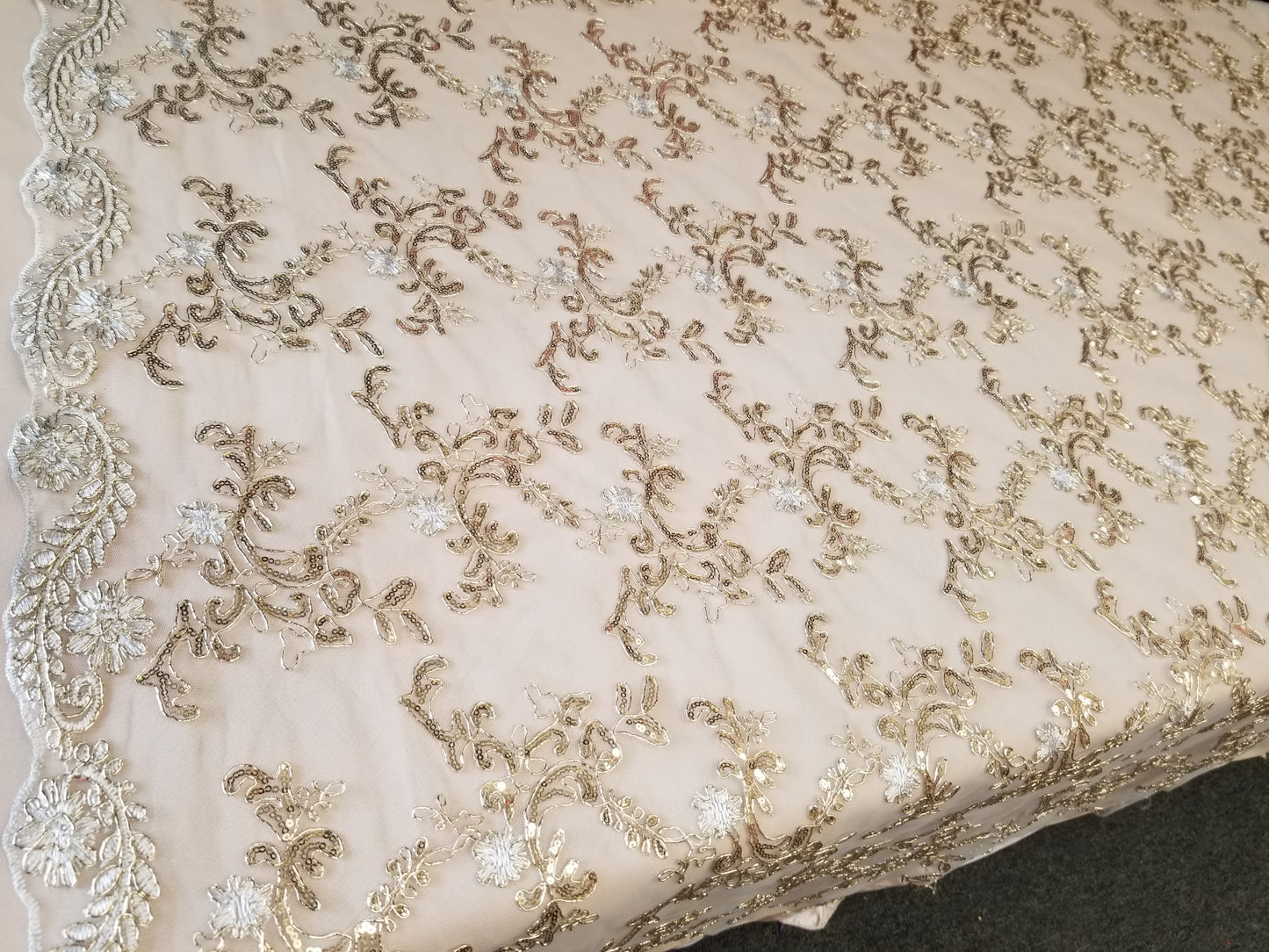 White Champagne French Corded Design-embroider With Sequins On A Mesh Lace Fabric-by Yard