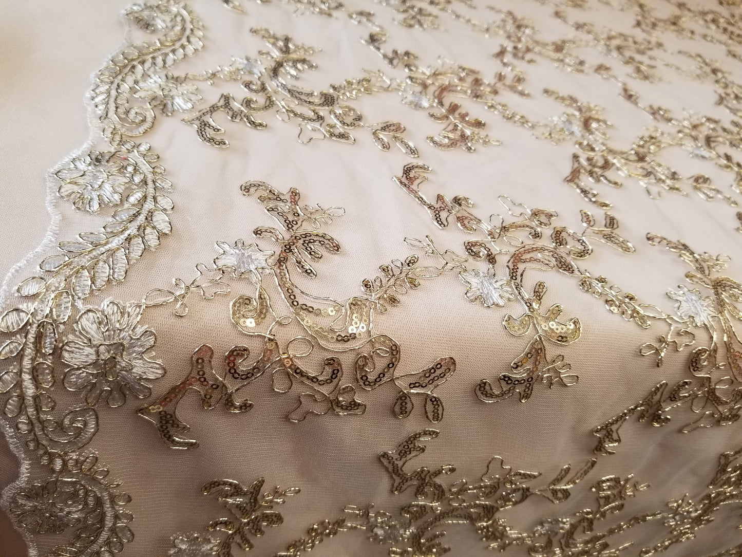 White Champagne French Corded Design-embroider With Sequins On A Mesh Lace Fabric-by Yard