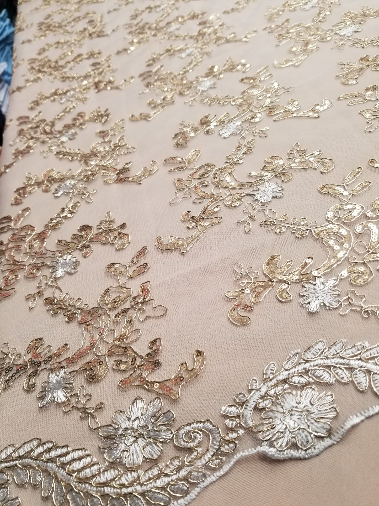 White Champagne French Corded Design-embroider With Sequins On A Mesh Lace Fabric-by Yard