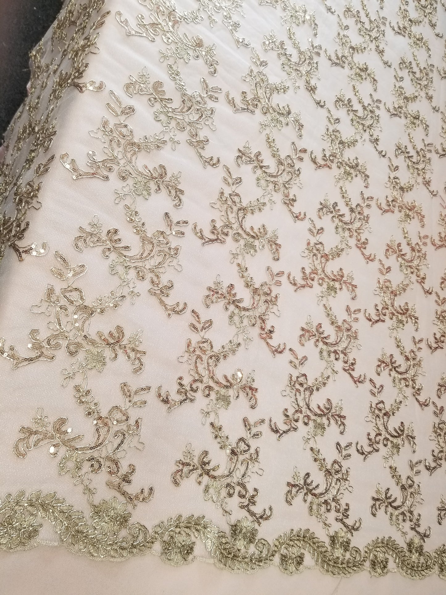 Champagne Shine Corded Design-embroider With Sequins On A Mesh Lace Fabric-by Yard