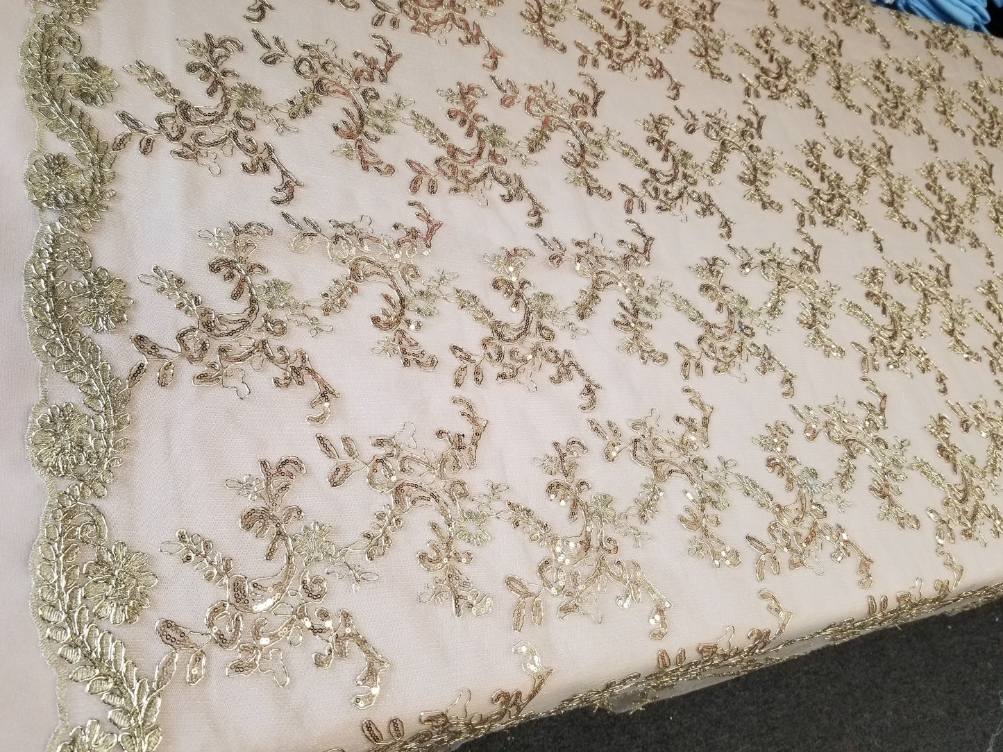 Champagne Shine Corded Design-embroider With Sequins On A Mesh Lace Fabric-by Yard