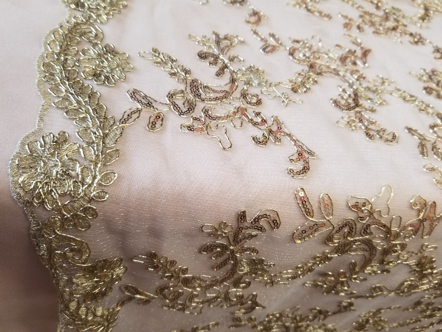 Champagne Shine Corded Design-embroider With Sequins On A Mesh Lace Fabric-by Yard