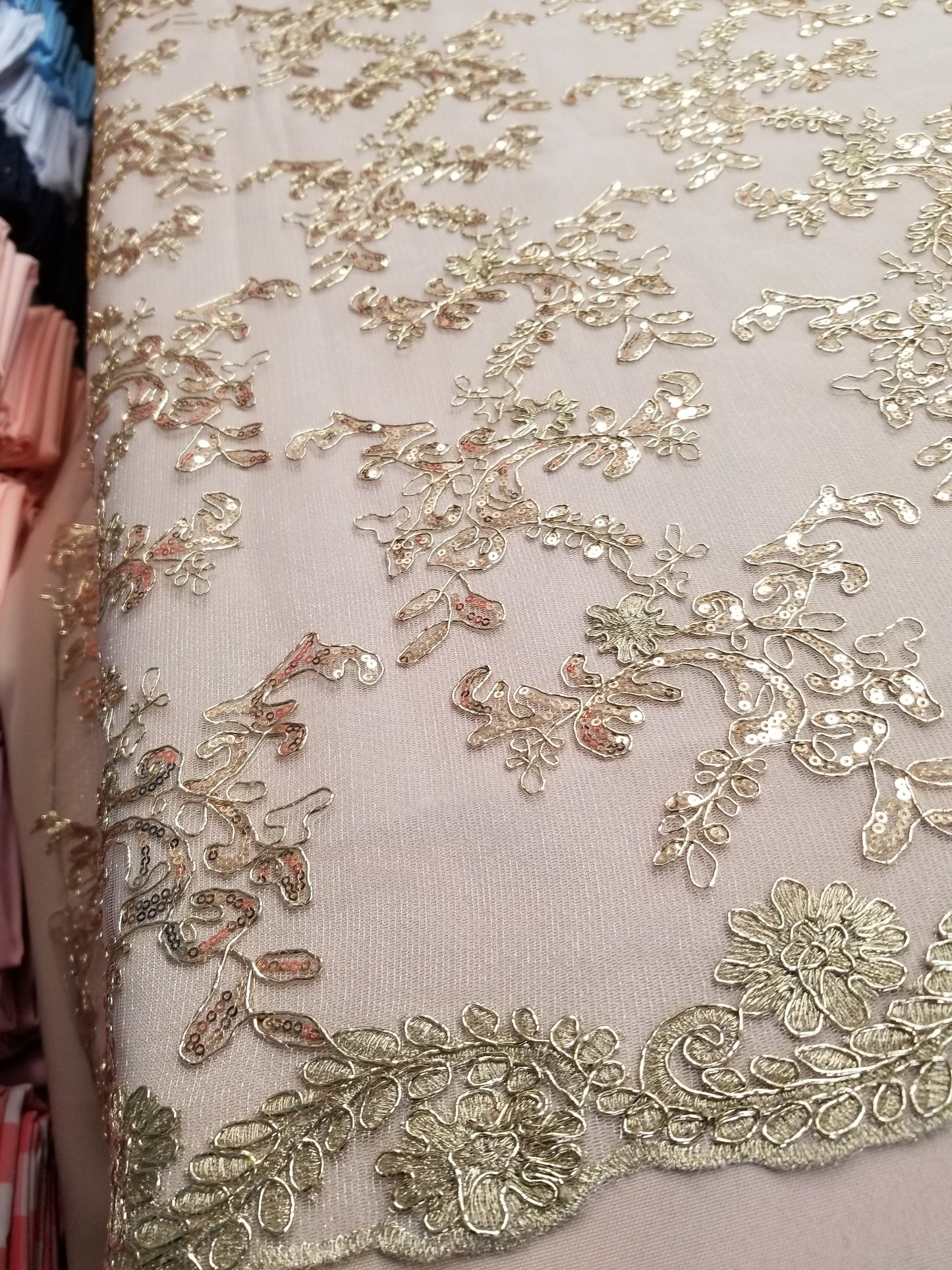 Champagne Shine Corded Design-embroider With Sequins On A Mesh Lace Fabric-by Yard
