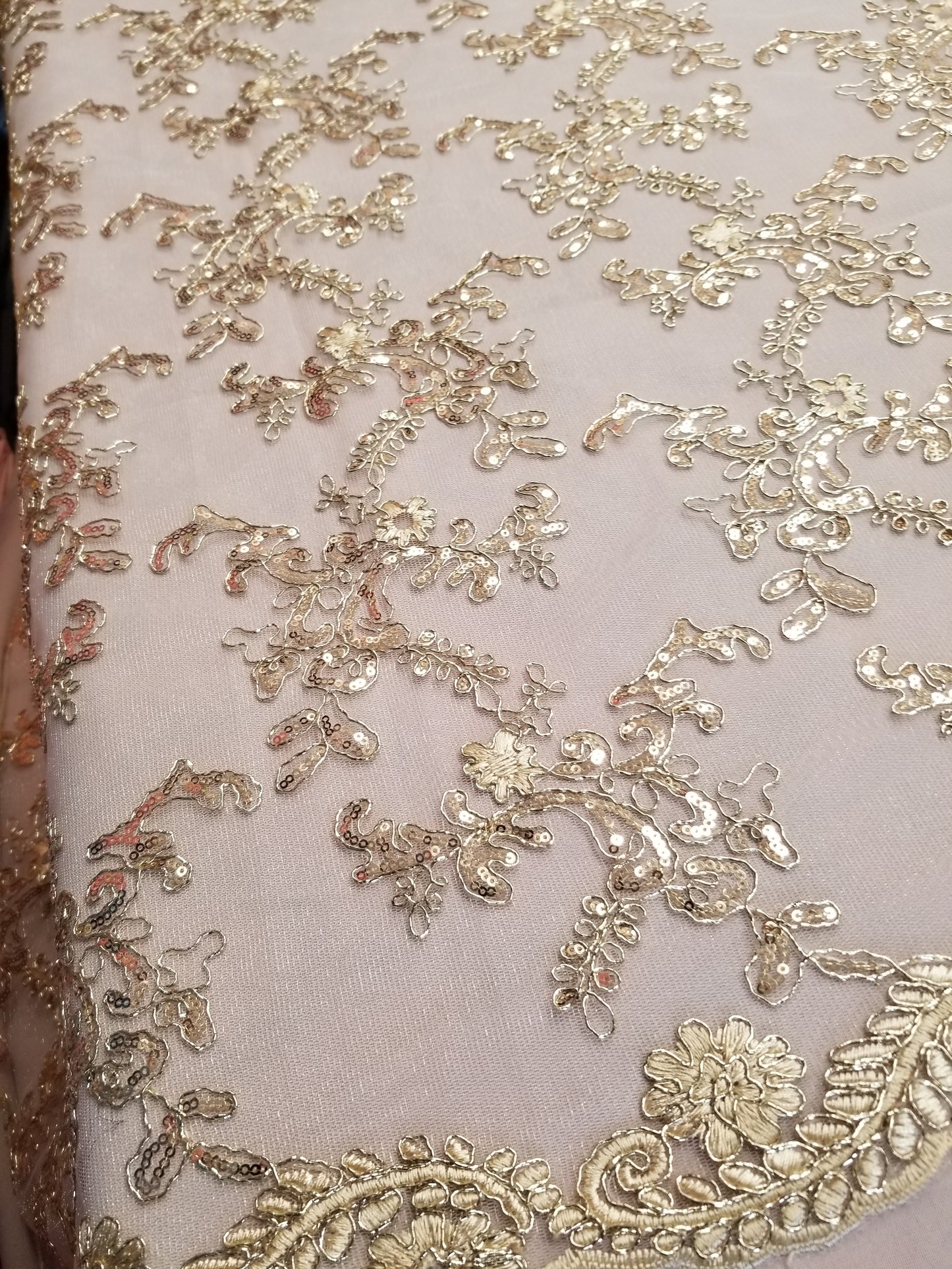 Champagne Gold Corded Design-embroider With Sequins On A Mesh Lace Fabric-by Yard