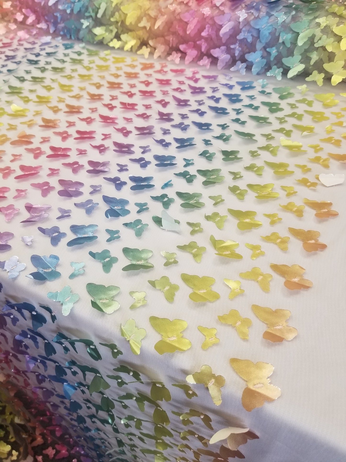 Multicolor Lace 3d Satin Butterflies Embroidery On Mesh Stretch Fashion Fabric Prom Bridal Evening Dress Quinceañera Gown