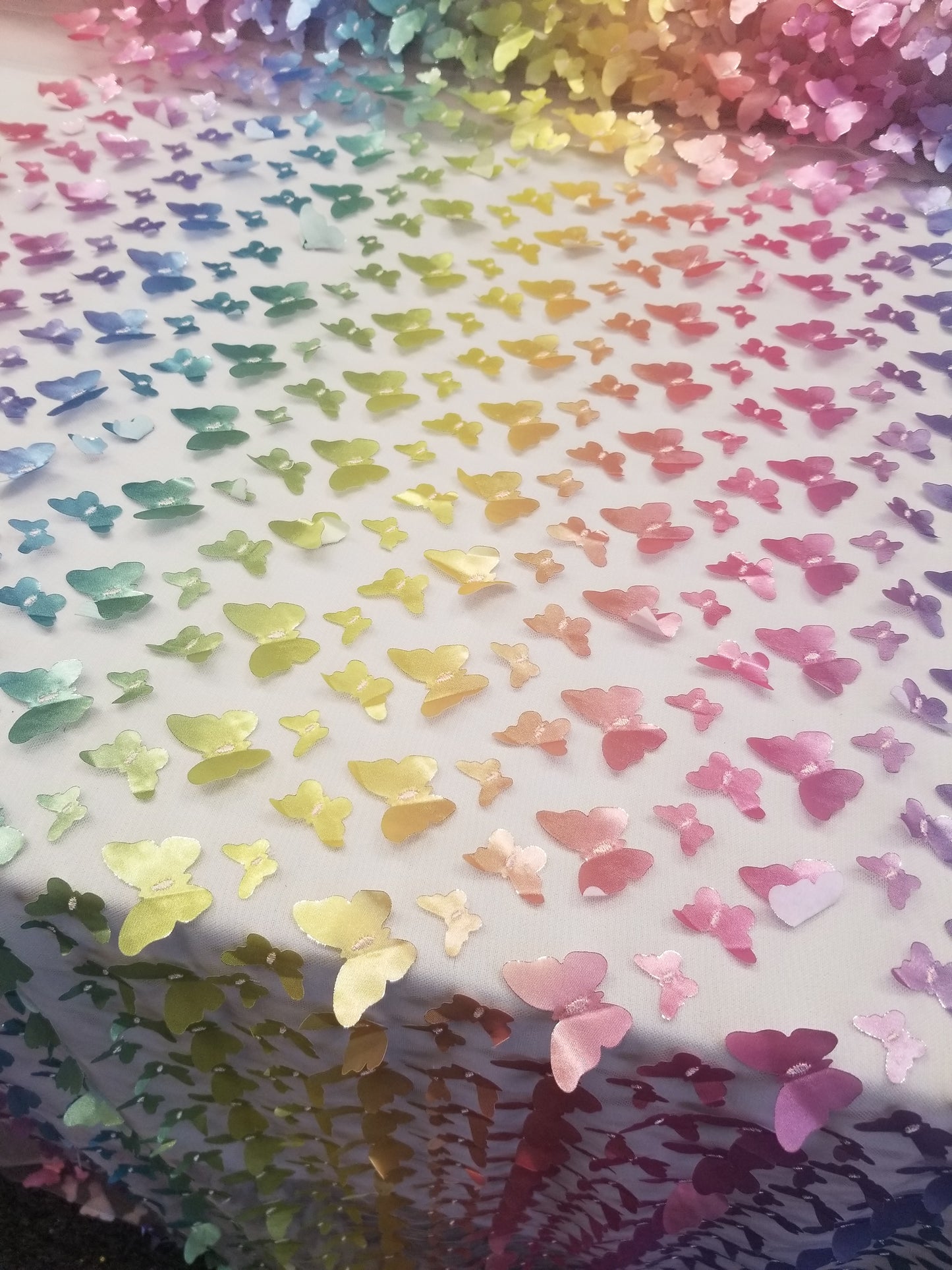 Multicolor Lace 3d Satin Butterflies Embroidery On Mesh Stretch Fashion Fabric Prom Bridal Evening Dress Quinceañera Gown