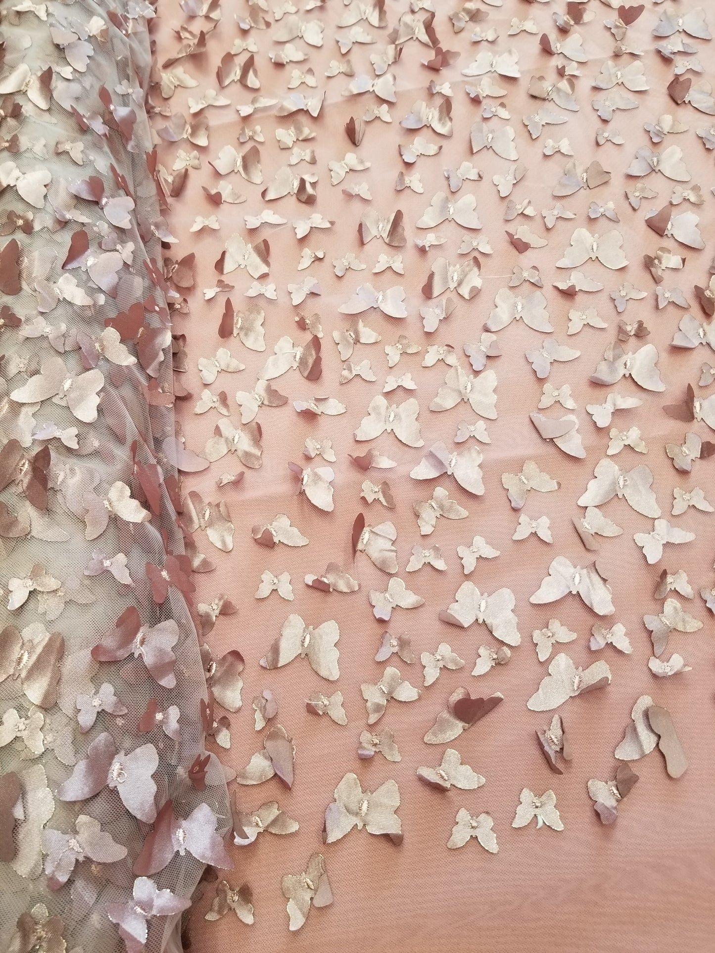 Dusty Rose Lace 3d Satin Butterflies Embroidery On Mesh Stretch Fashion Fabric Prom Bridal Evening Dress Quinceañera Gown
