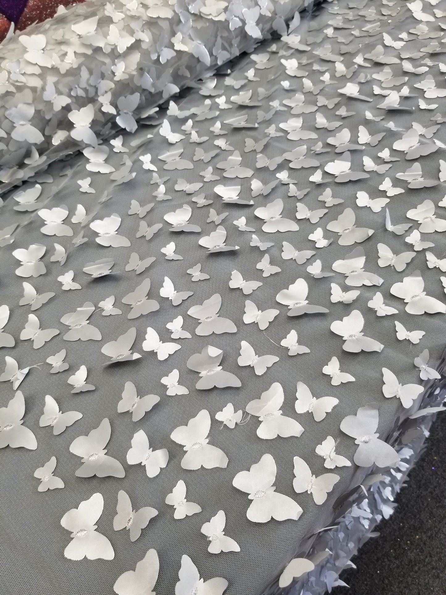Silver Lace 3d Satin Butterflies Embroidery On Mesh Stretch Fashion Fabric Prom Bridal Evening Dress Quinceañera Gown