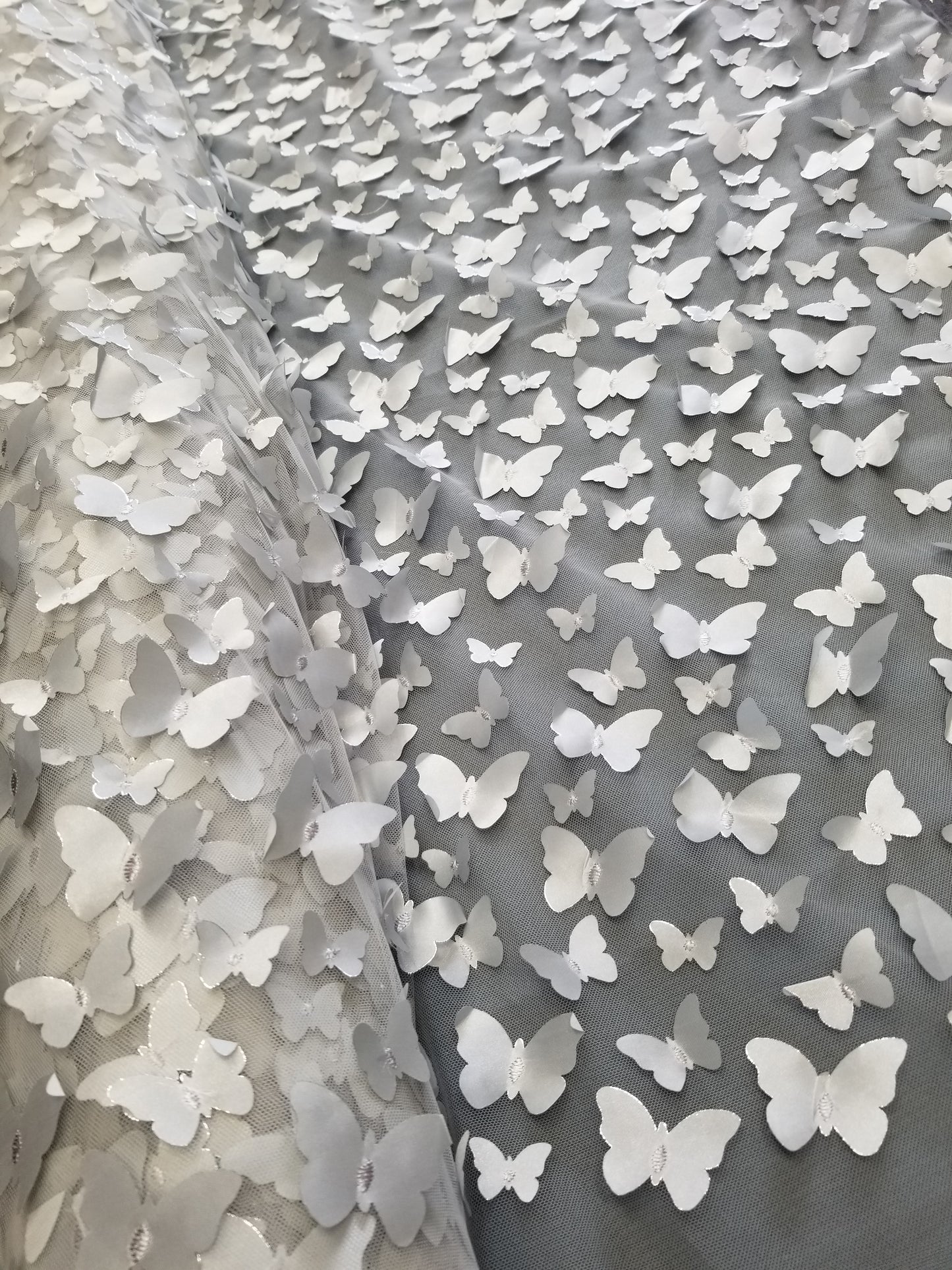Silver Lace 3d Satin Butterflies Embroidery On Mesh Stretch Fashion Fabric Prom Bridal Evening Dress Quinceañera Gown