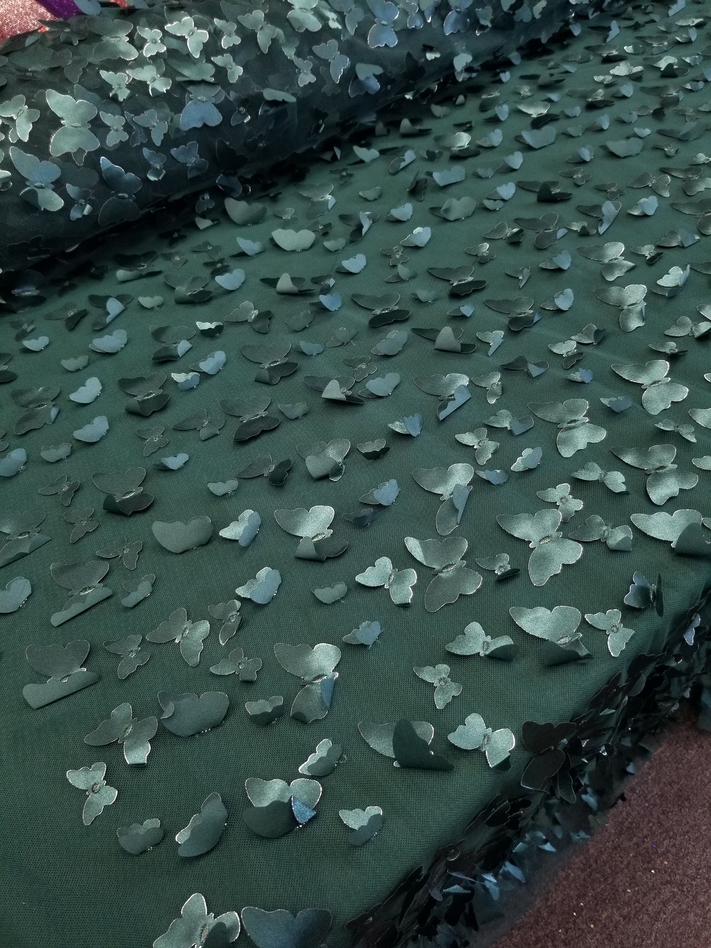 Hunter Green Lace 3d Satin Butterflies Embroidery On Mesh Stretch Fashion Fabric Prom Bridal Evening Dress Quinceañera Gown