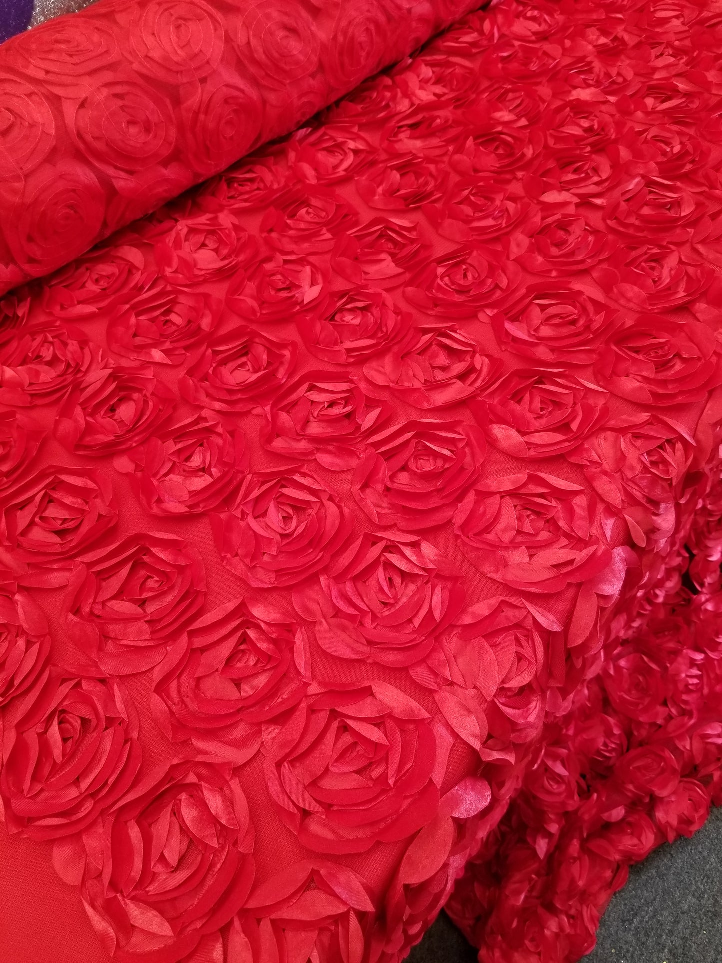 Red 3D Rosette Embroidery Satin Rose Flowers Floral Mesh Fabric by the yard
