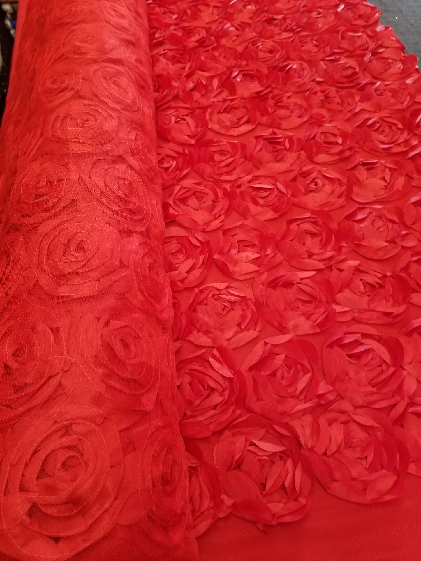 Red 3D Rosette Embroidery Satin Rose Flowers Floral Mesh Fabric by the yard