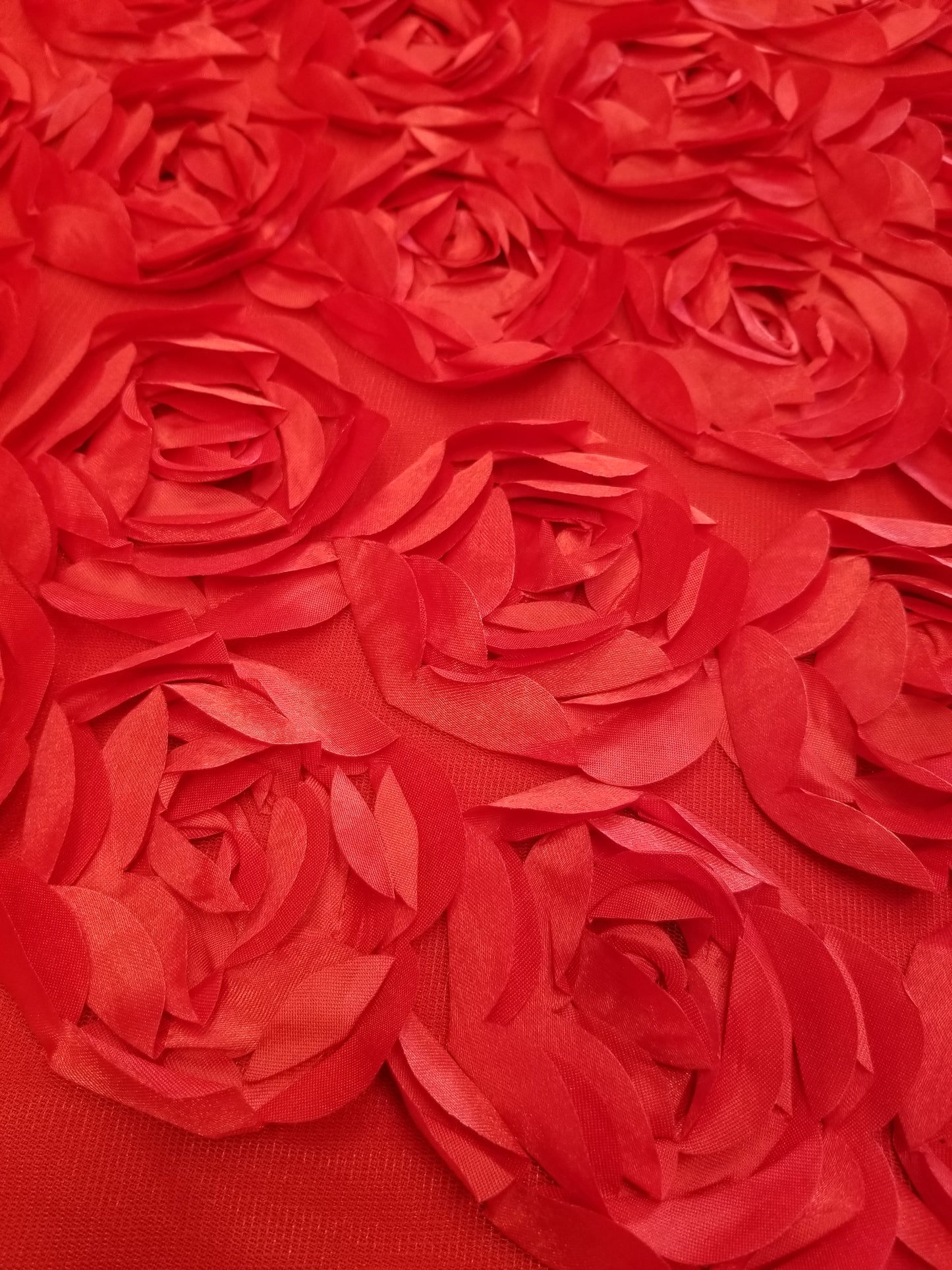 Red 3D Rosette Embroidery Satin Rose Flowers Floral Mesh Fabric by the yard