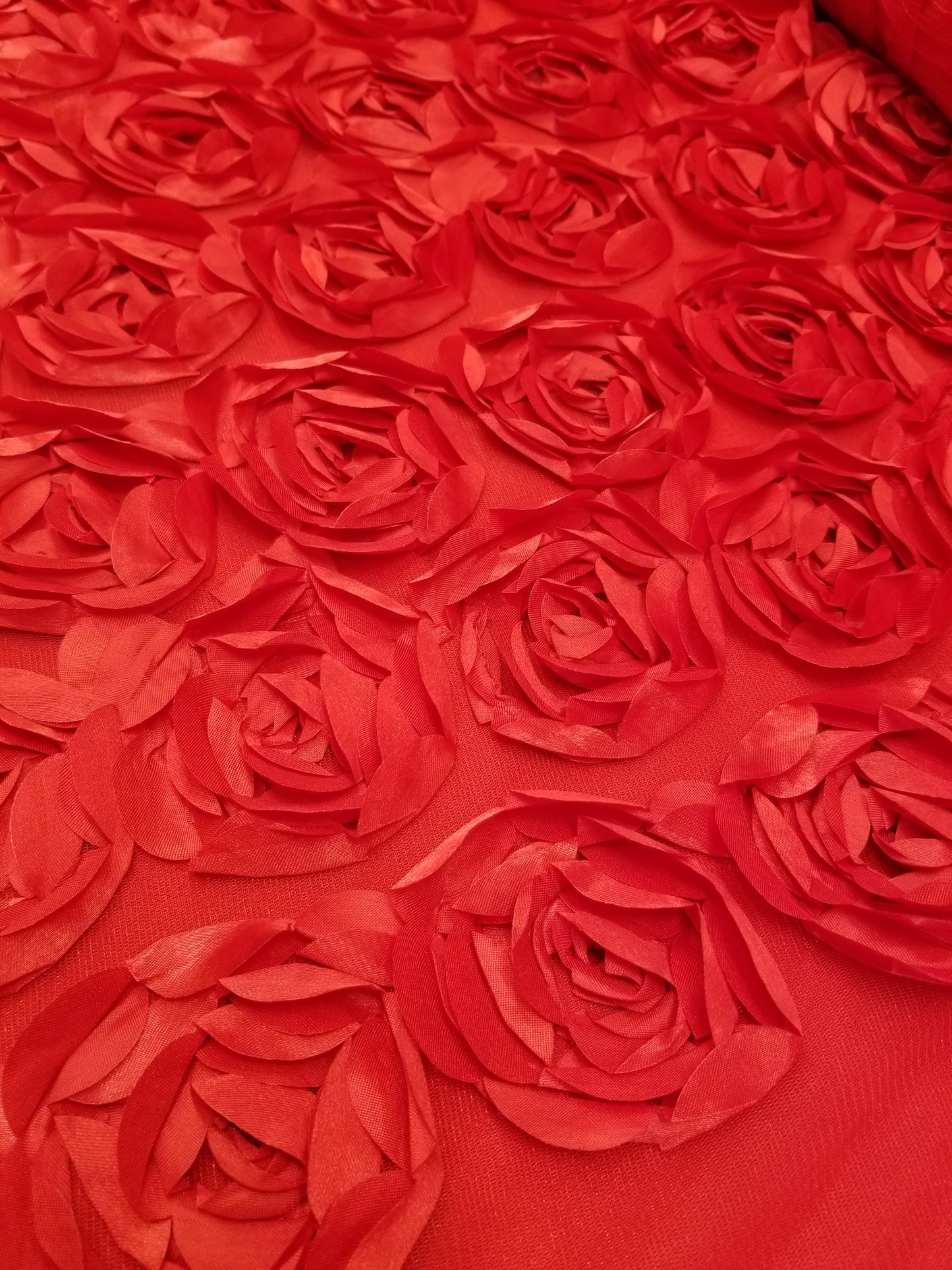Red 3D Rosette Embroidery Satin Rose Flowers Floral Mesh Fabric by the yard