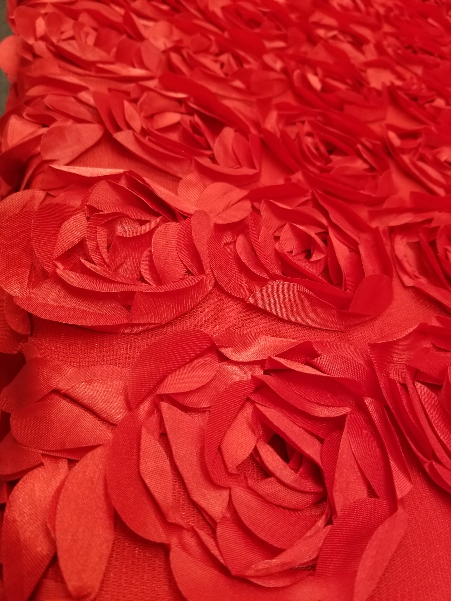 Red 3D Rosette Embroidery Satin Rose Flowers Floral Mesh Fabric by the yard