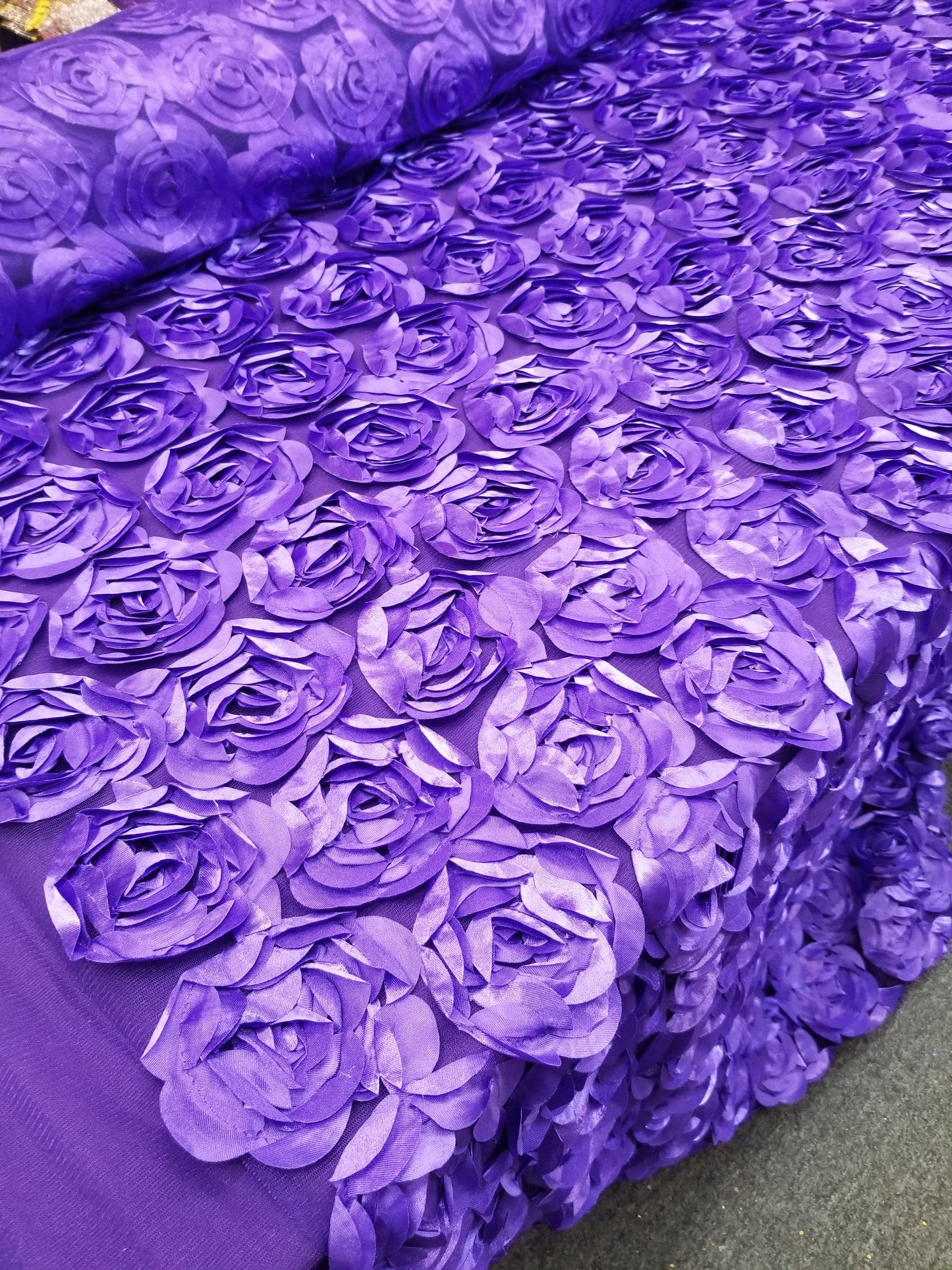 Purple 3D Rosette Embroidery Satin Rose Flowers Floral Mesh Fabric by the yard