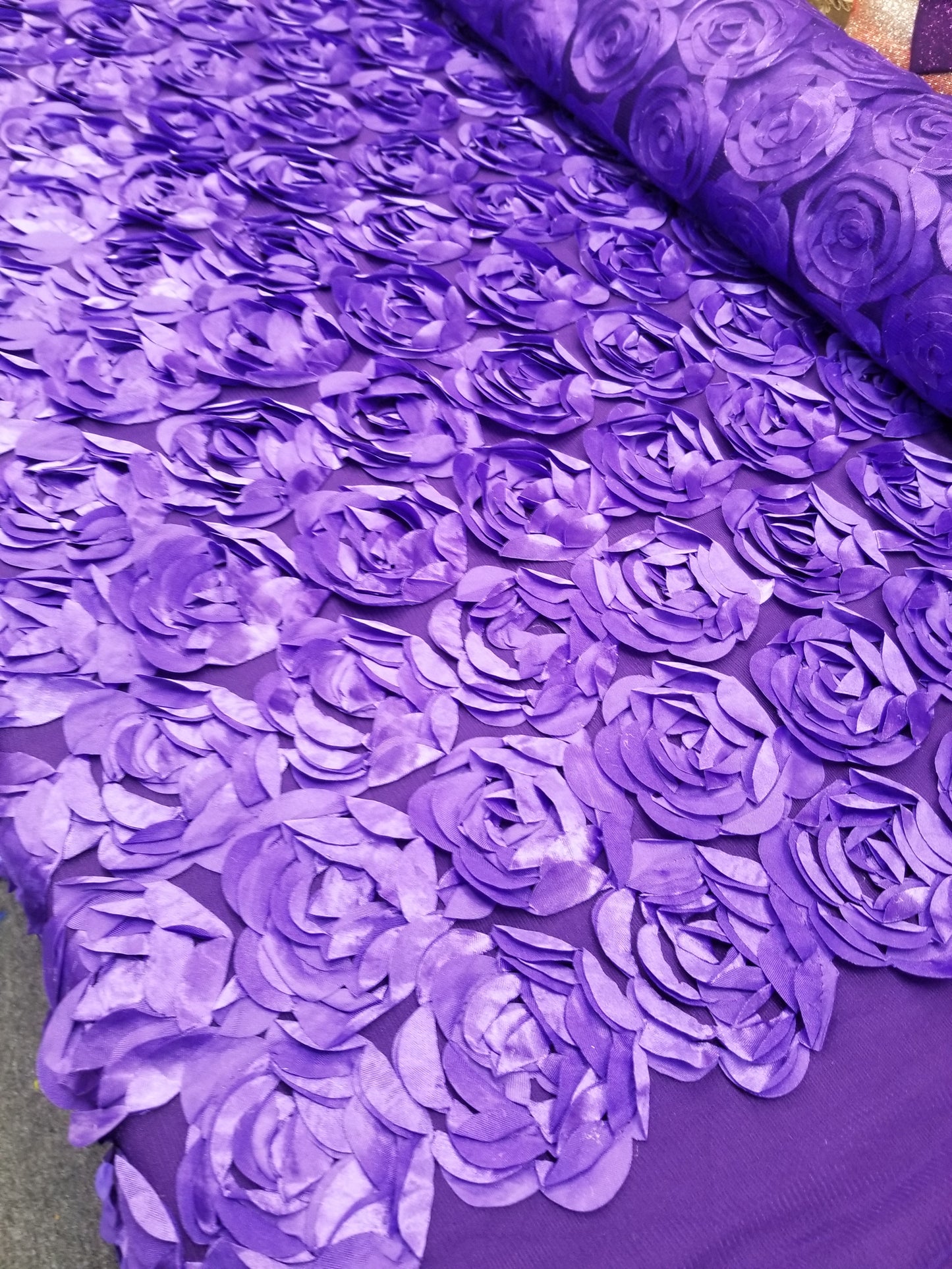 Purple 3D Rosette Embroidery Satin Rose Flowers Floral Mesh Fabric by the yard