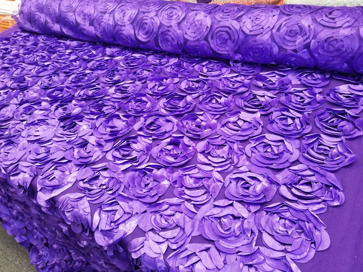 Purple 3D Rosette Embroidery Satin Rose Flowers Floral Mesh Fabric by the yard