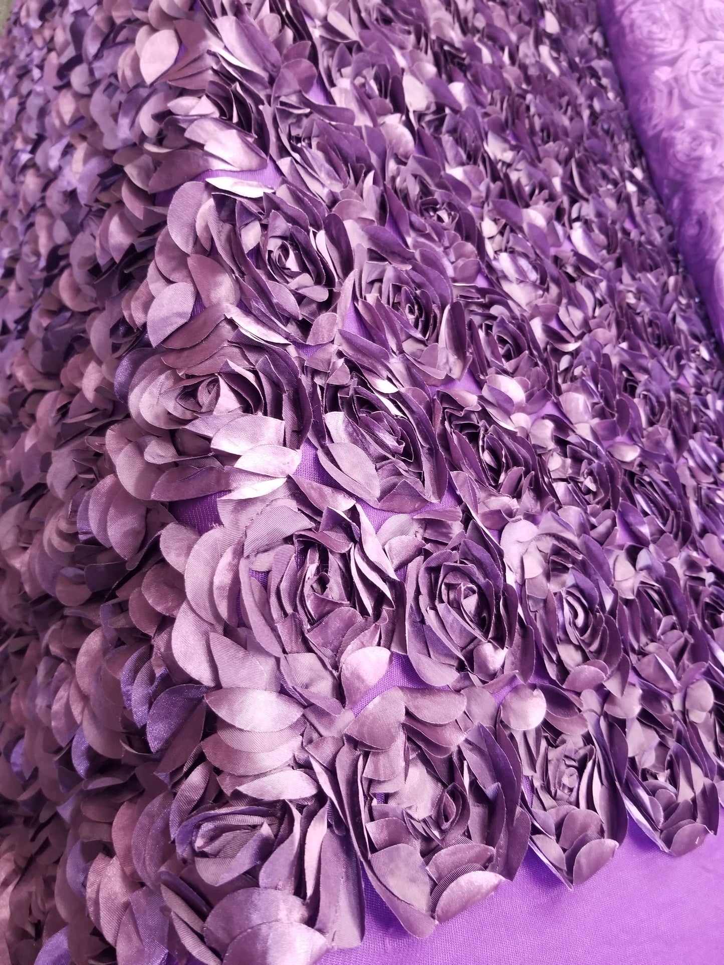 Eggplant 3D Rosette Embroidery Satin Rose Flowers Floral Mesh Fabric by the yard