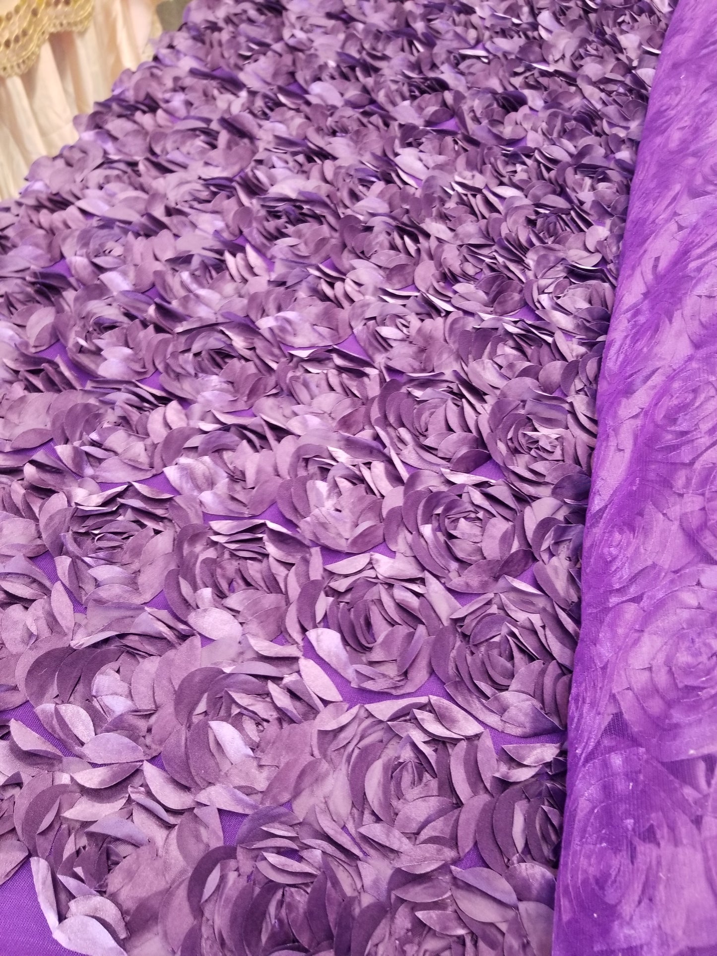 Eggplant 3D Rosette Embroidery Satin Rose Flowers Floral Mesh Fabric by the yard