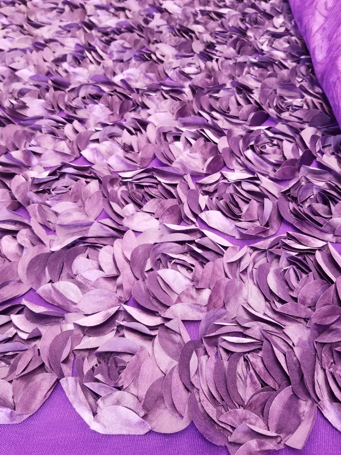 Eggplant 3D Rosette Embroidery Satin Rose Flowers Floral Mesh Fabric by the yard