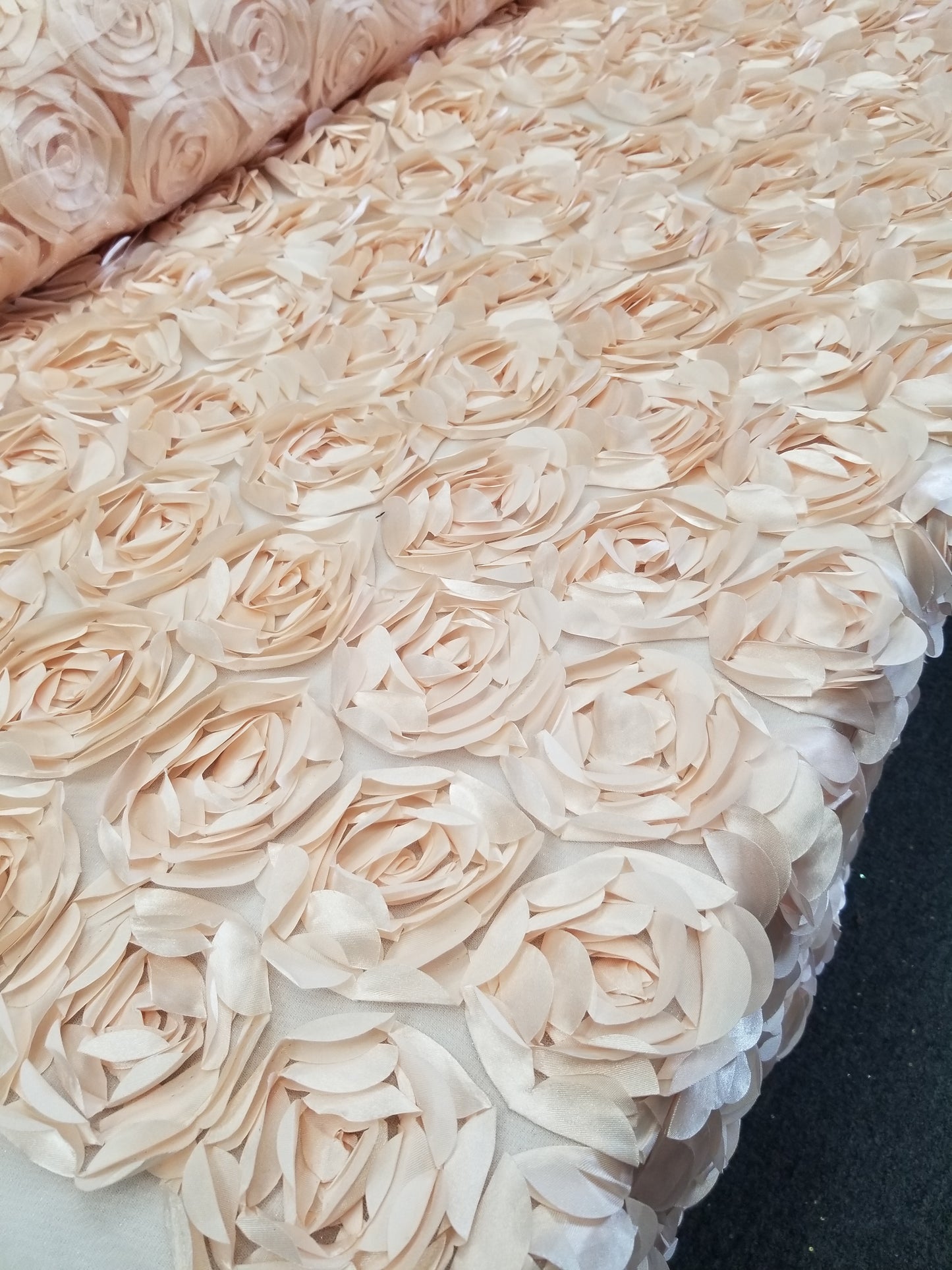 Blush 3D Rosette Embroidery Satin Rose Flowers Floral Mesh Fabric by the yard