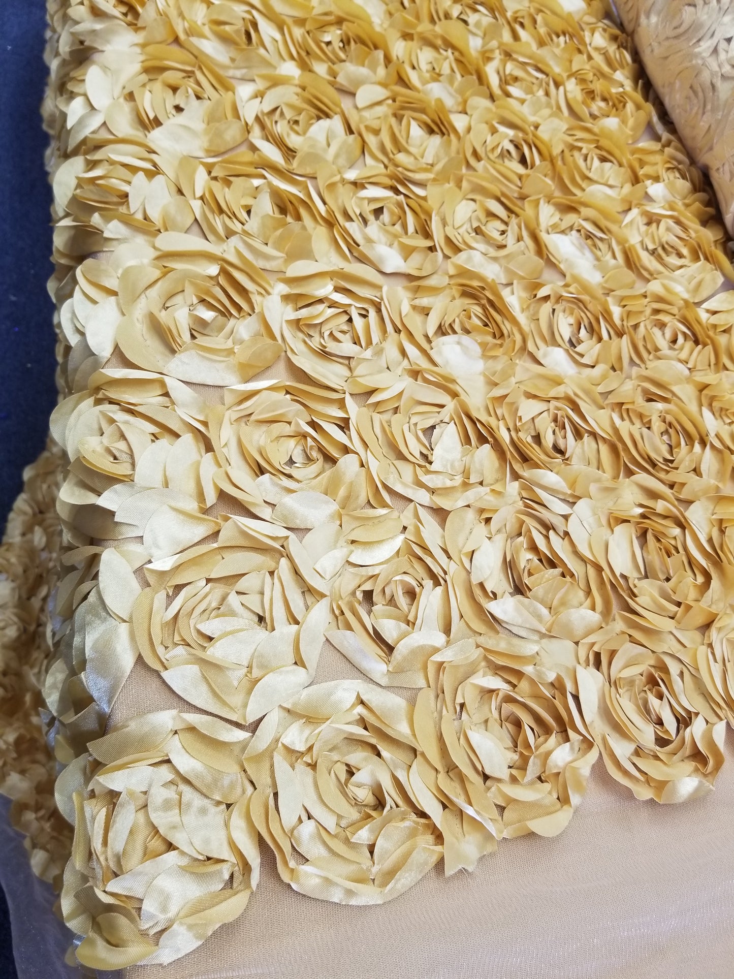 Gold 3D Rosette Embroidery Satin Rose Flowers Floral Mesh Fabric by the yard