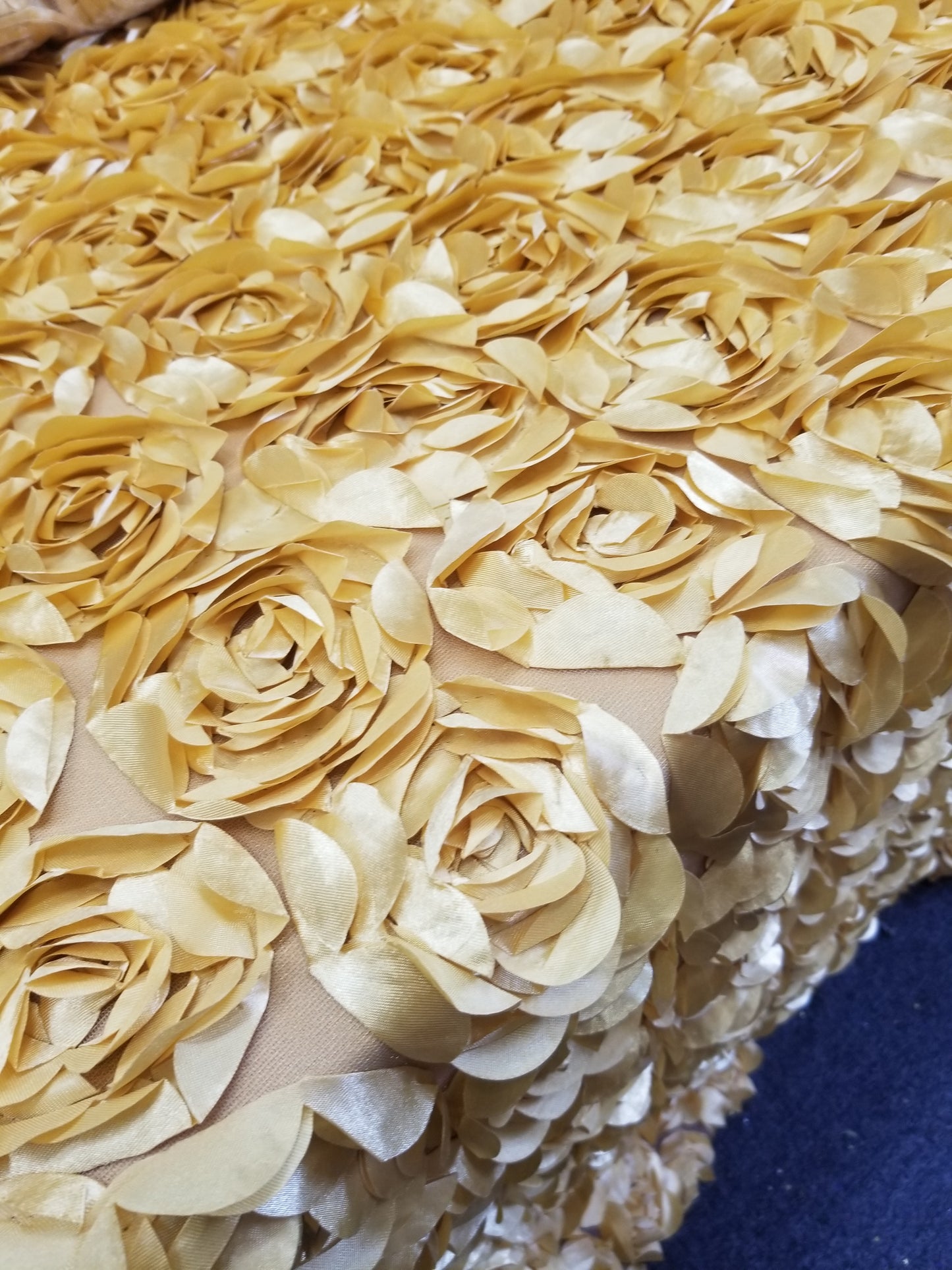 Gold 3D Rosette Embroidery Satin Rose Flowers Floral Mesh Fabric by the yard
