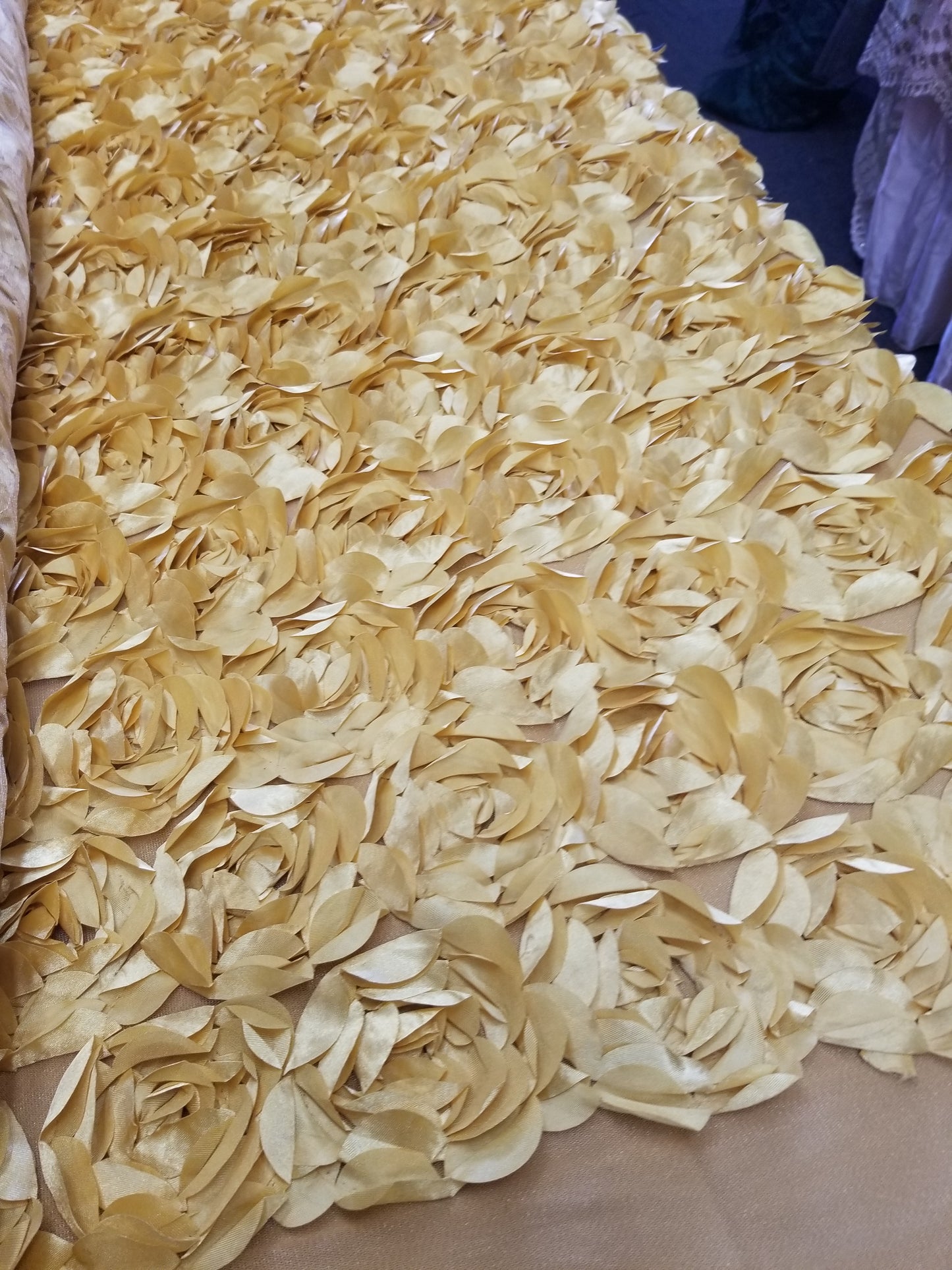 Gold 3D Rosette Embroidery Satin Rose Flowers Floral Mesh Fabric by the yard