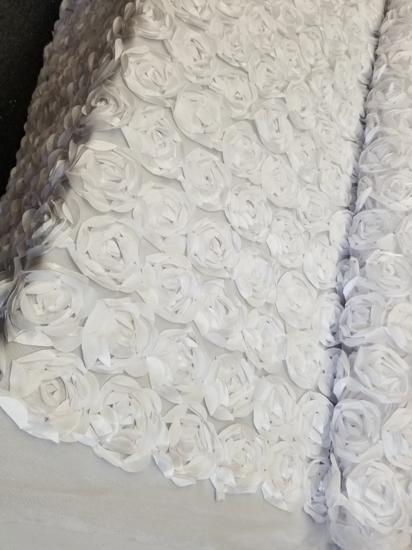 White 3D Rosette Embroidery Satin Rose Flowers Floral Mesh Fabric by the yard