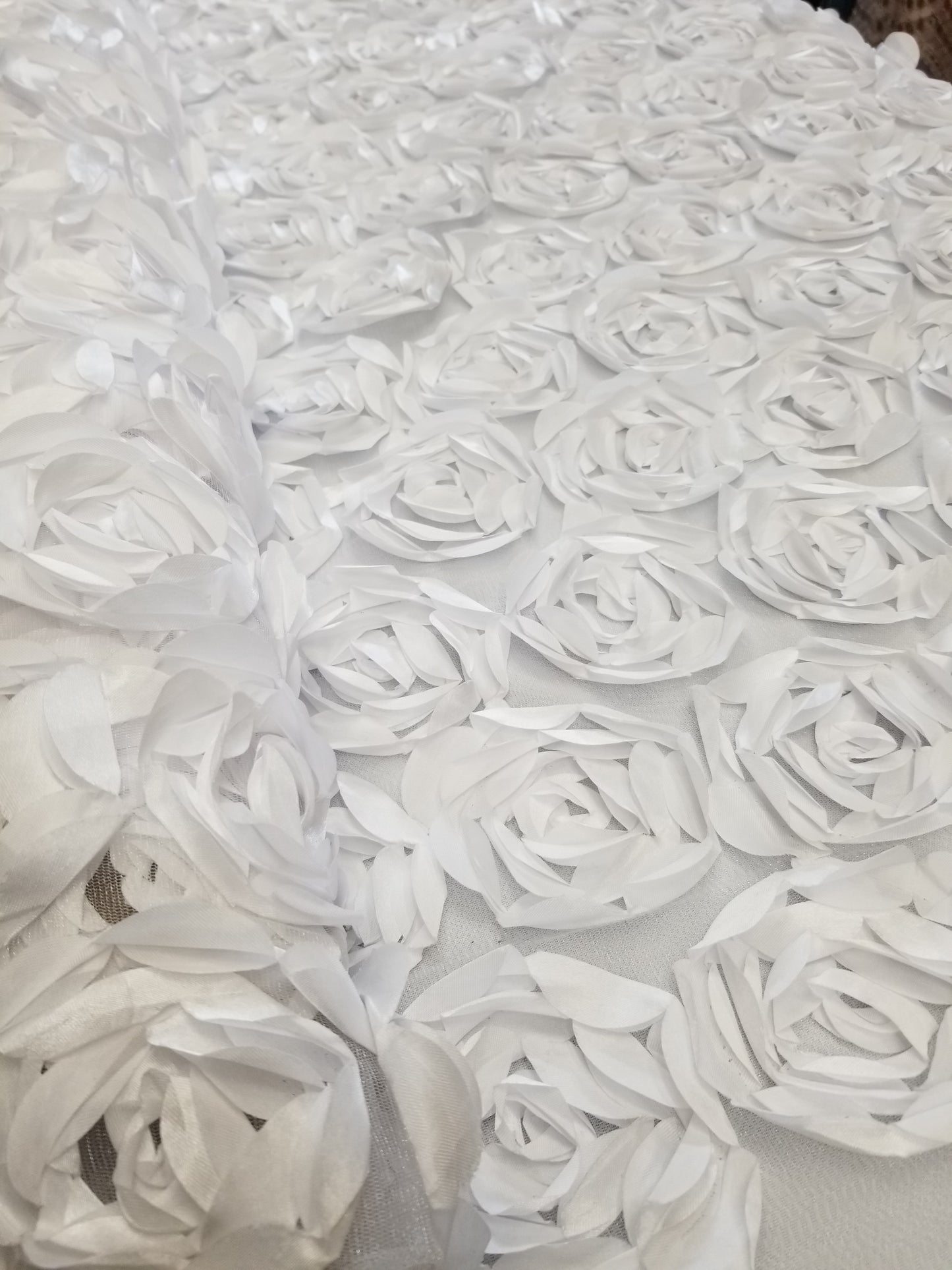 White 3D Rosette Embroidery Satin Rose Flowers Floral Mesh Fabric by the yard