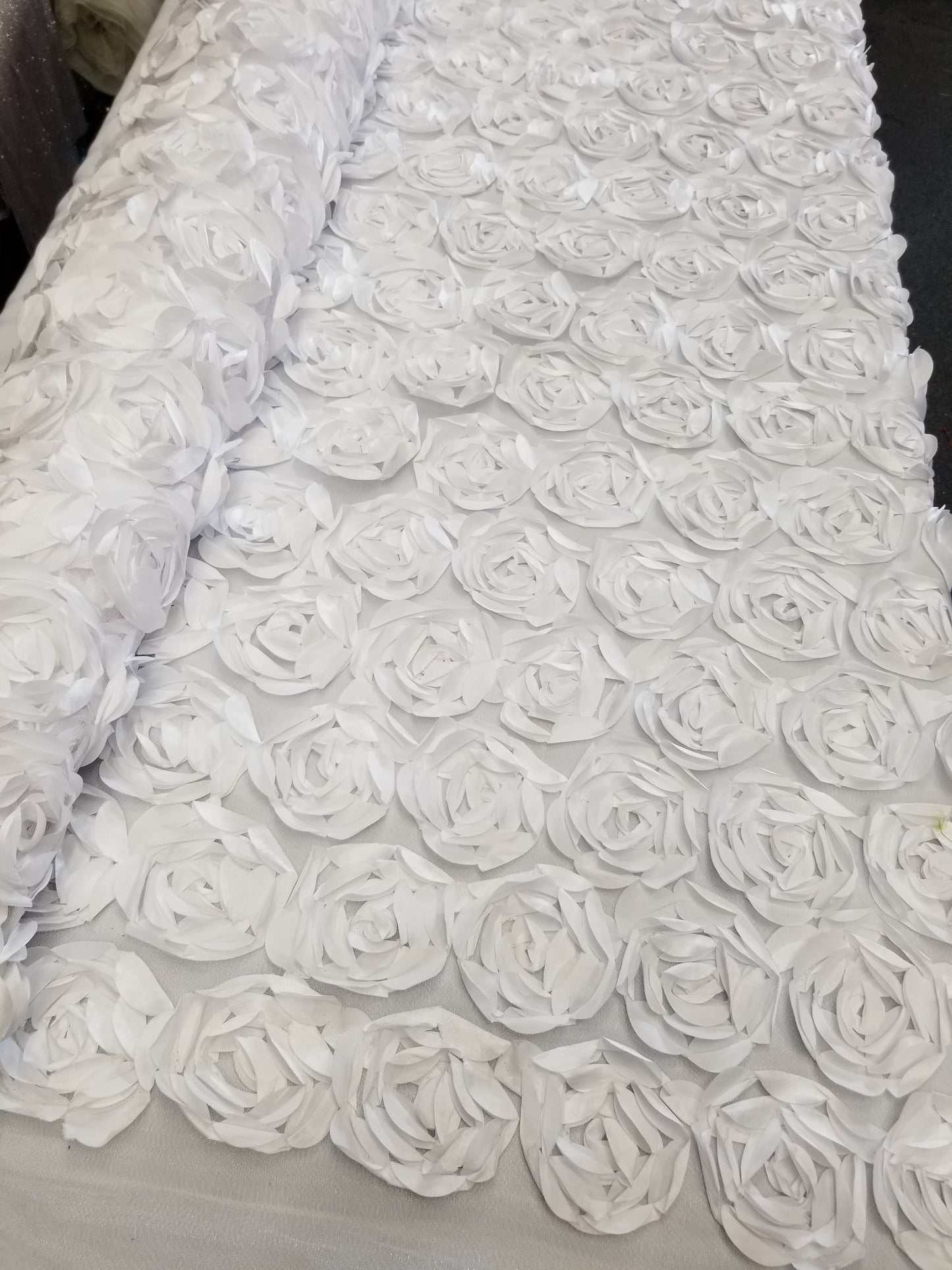 White 3D Rosette Embroidery Satin Rose Flowers Floral Mesh Fabric by the yard